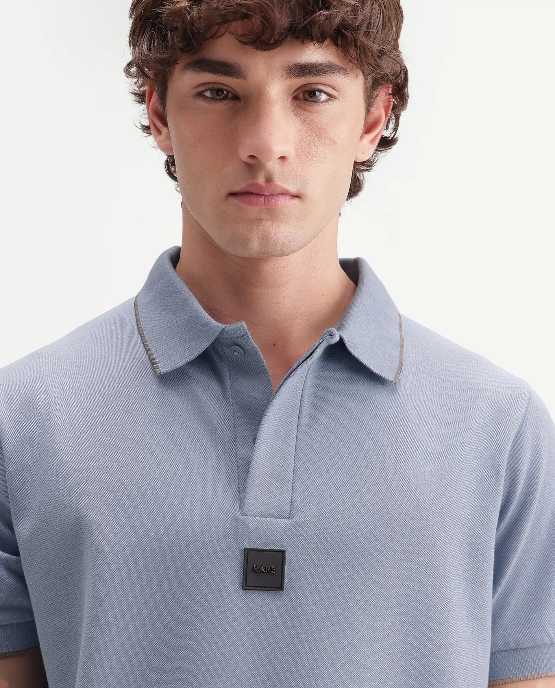 Rare Rabbit Men's Mak Dusky Blue Cotton Blend Fabric Half Sleeve Spread Collar Regular Fit Plain Polo