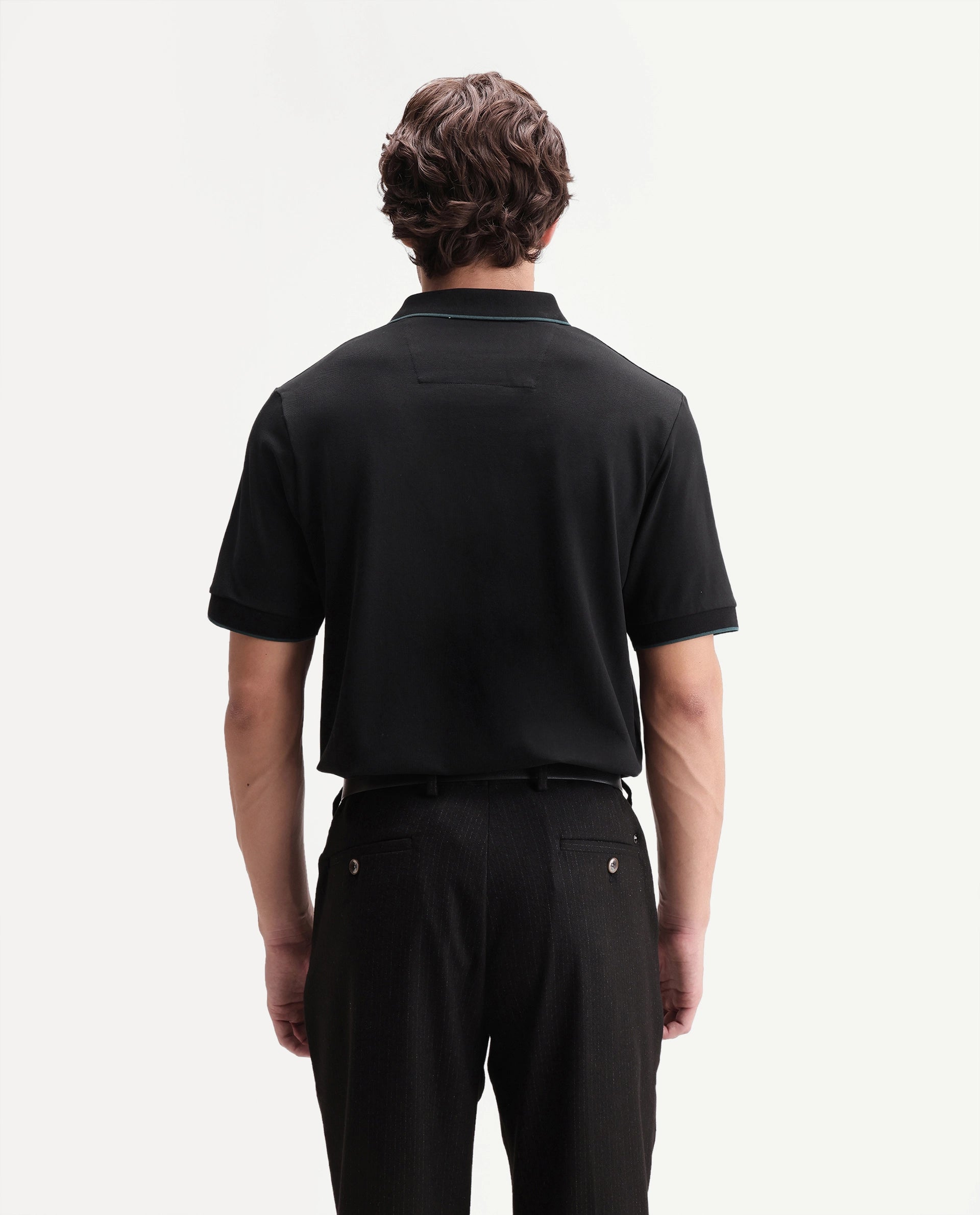 Rare Rabbit Men's Mak Black Cotton Blend Fabric Half Sleeve Spread Collar Regular Fit Plain Polo