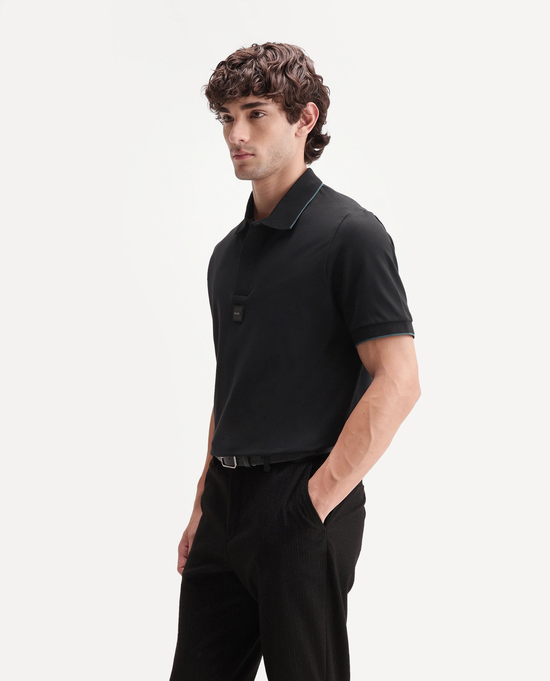 Rare Rabbit Men's Mak Black Cotton Blend Fabric Half Sleeve Spread Collar Regular Fit Plain Polo