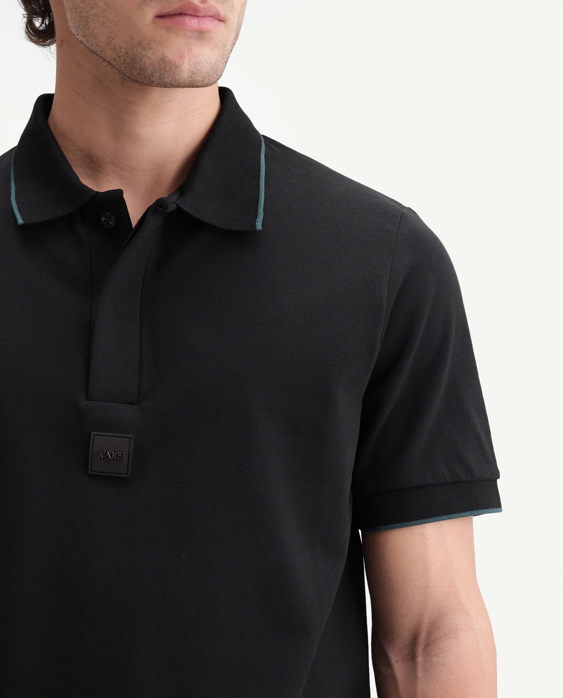 Rare Rabbit Men's Mak Black Cotton Blend Fabric Half Sleeve Spread Collar Regular Fit Plain Polo