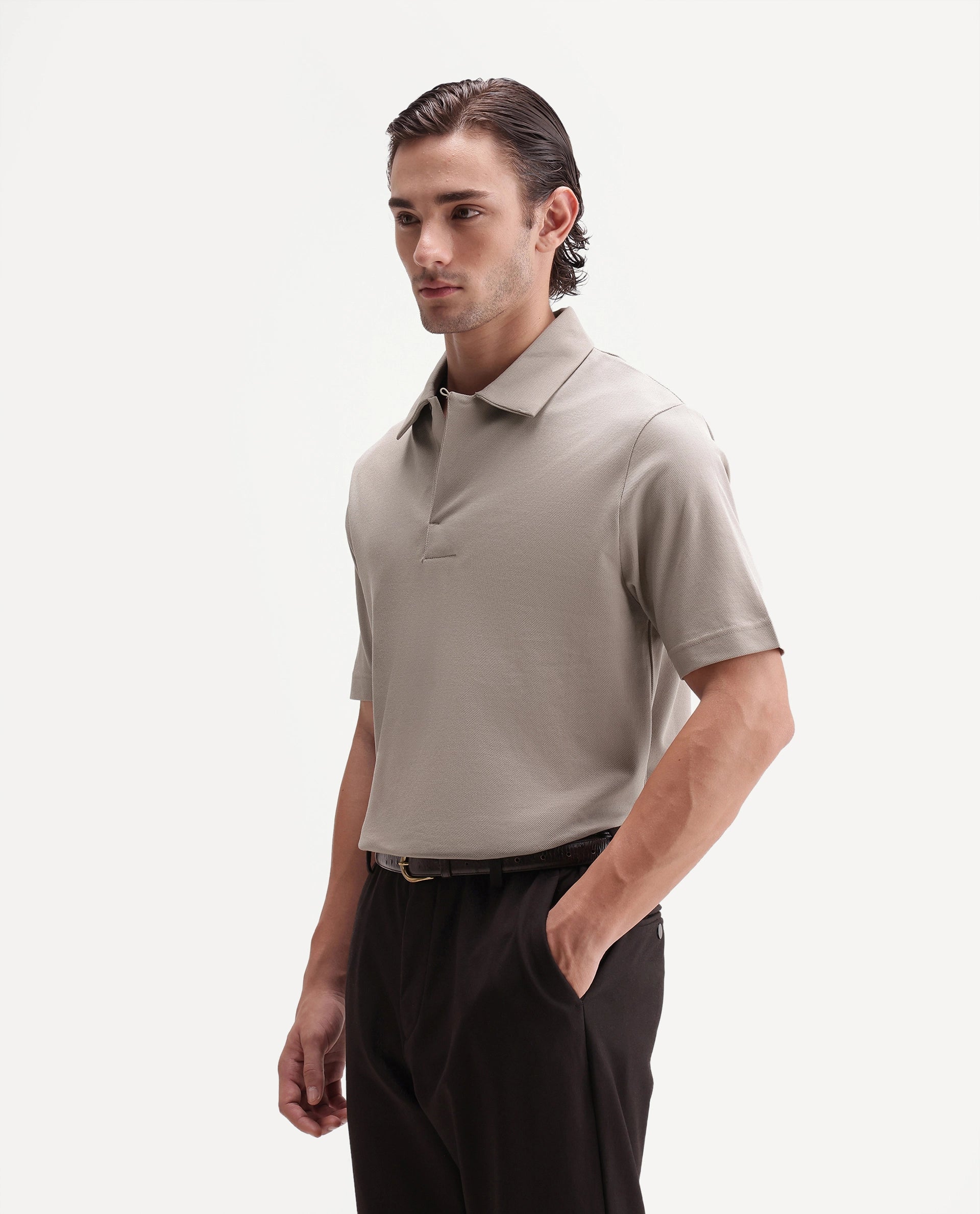 Rare Rabbit Men's Mers Dusky Beige Cotton Fabric Half Sleeve Spread Collar Regular Fit Plain Polo