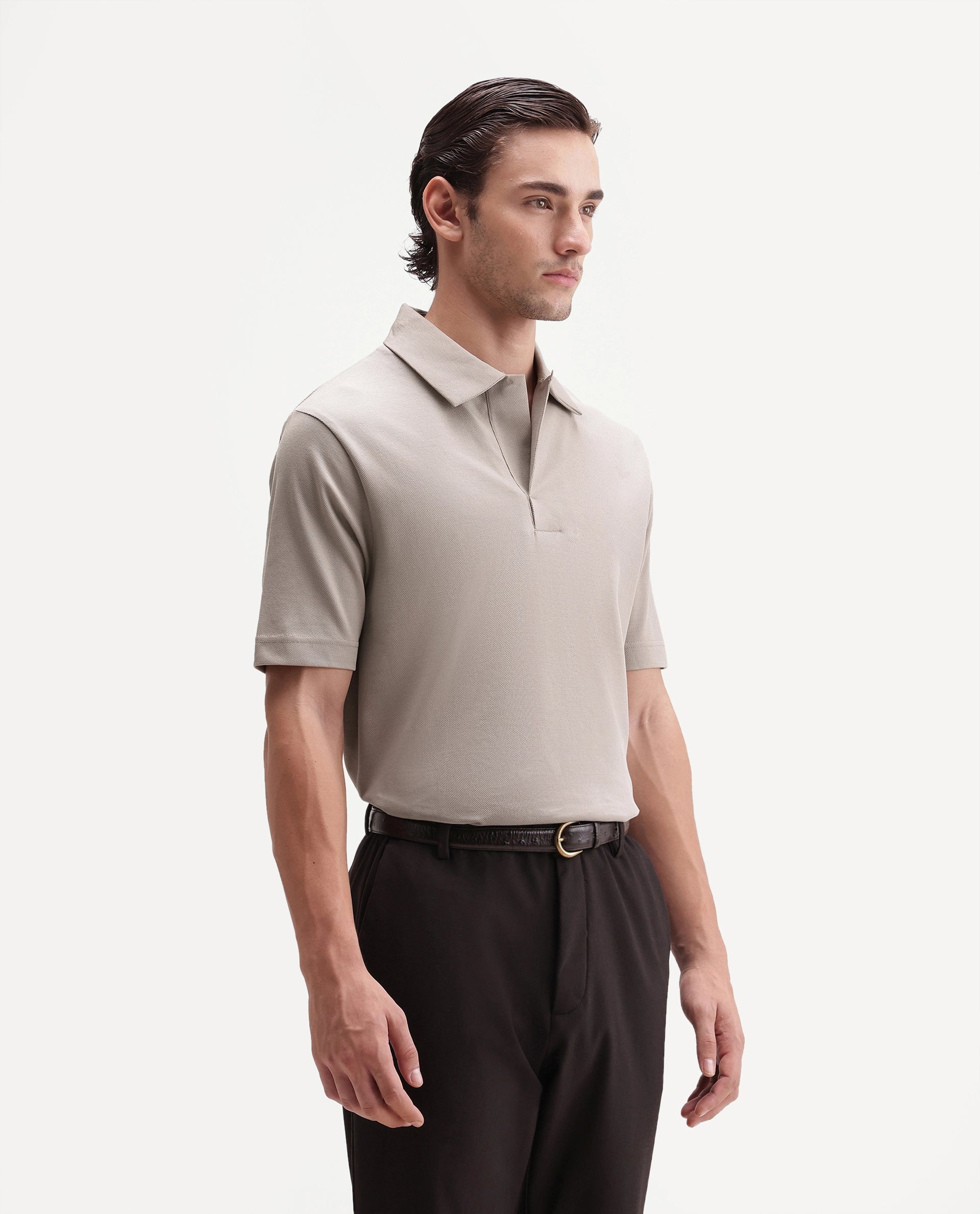 Rare Rabbit Men's Mers Dusky Beige Cotton Fabric Half Sleeve Spread Collar Regular Fit Plain Polo