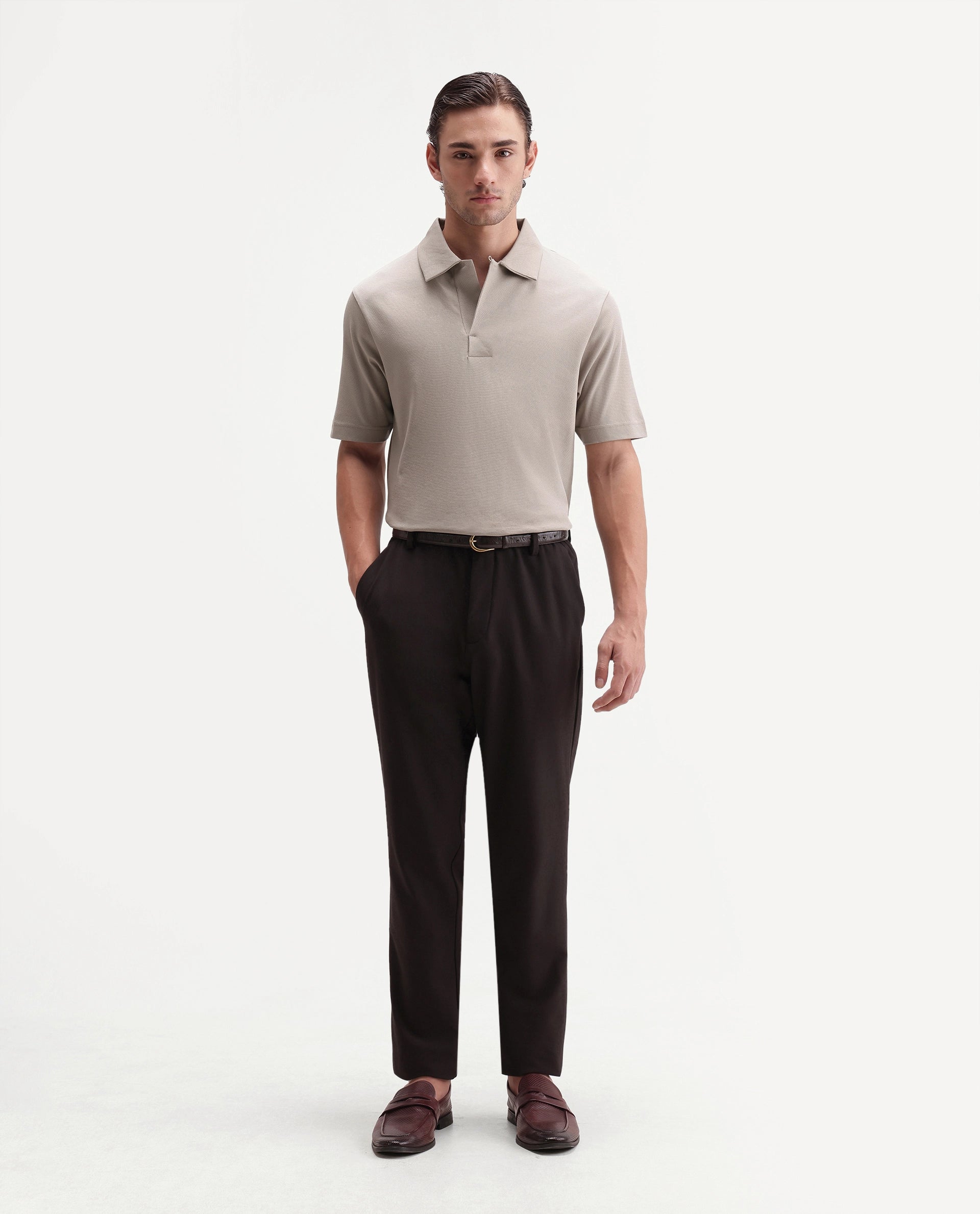 Rare Rabbit Men's Mers Dusky Beige Cotton Fabric Half Sleeve Spread Collar Regular Fit Plain Polo