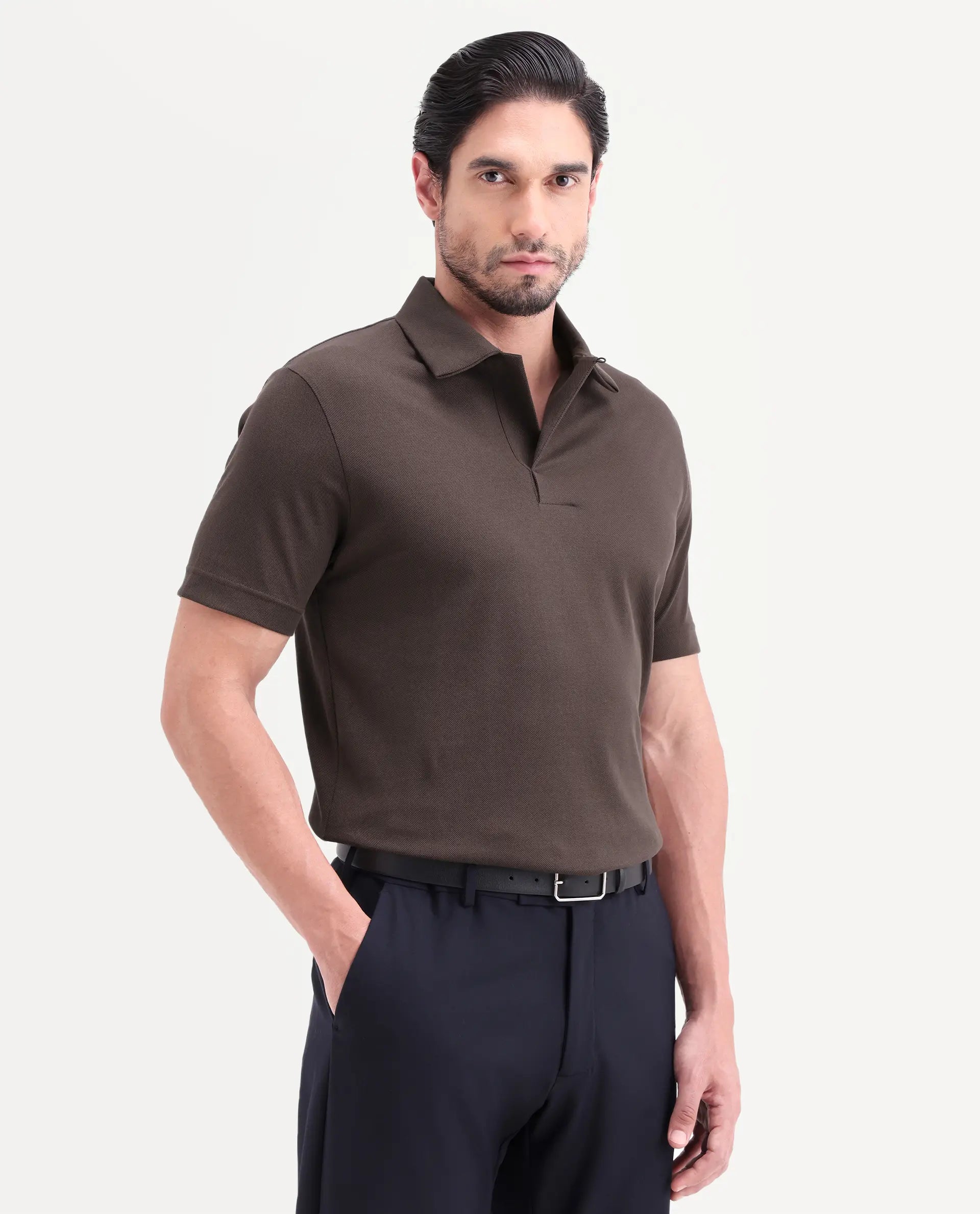 Rare Rabbit Men's Mers Brown Cotton Fabric Half Sleeve Spread Collar Regular Fit Plain Polo