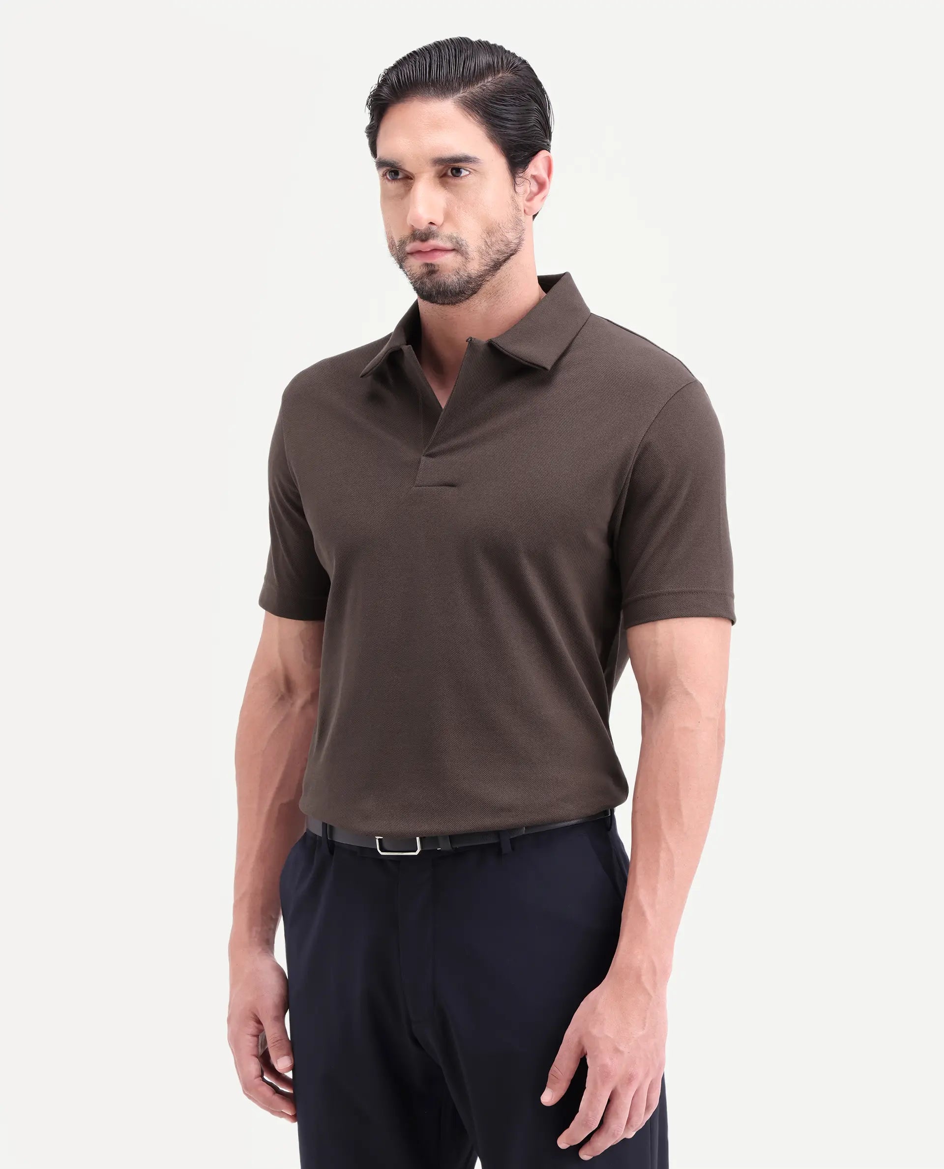 Rare Rabbit Men's Mers Brown Cotton Fabric Half Sleeve Spread Collar Regular Fit Plain Polo
