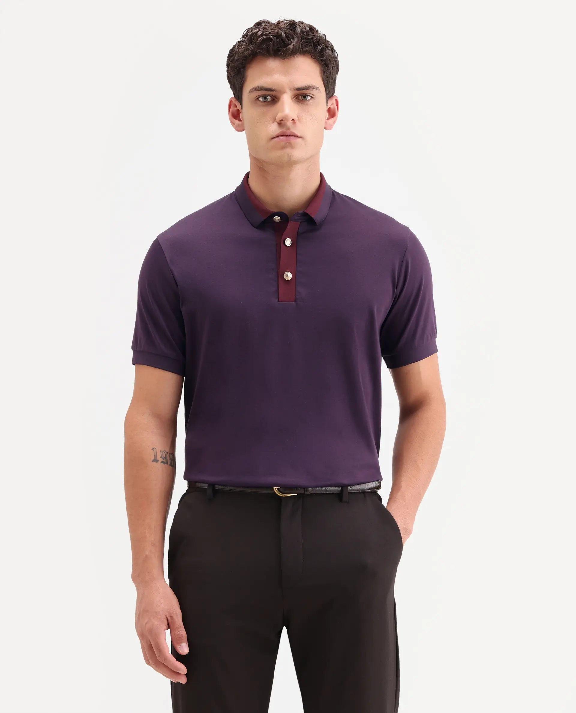 Rare Rabbit Men's Nish Dark Purple Cotton Fabric Half Sleeve Spread Collar Regular Fit Plain Polo