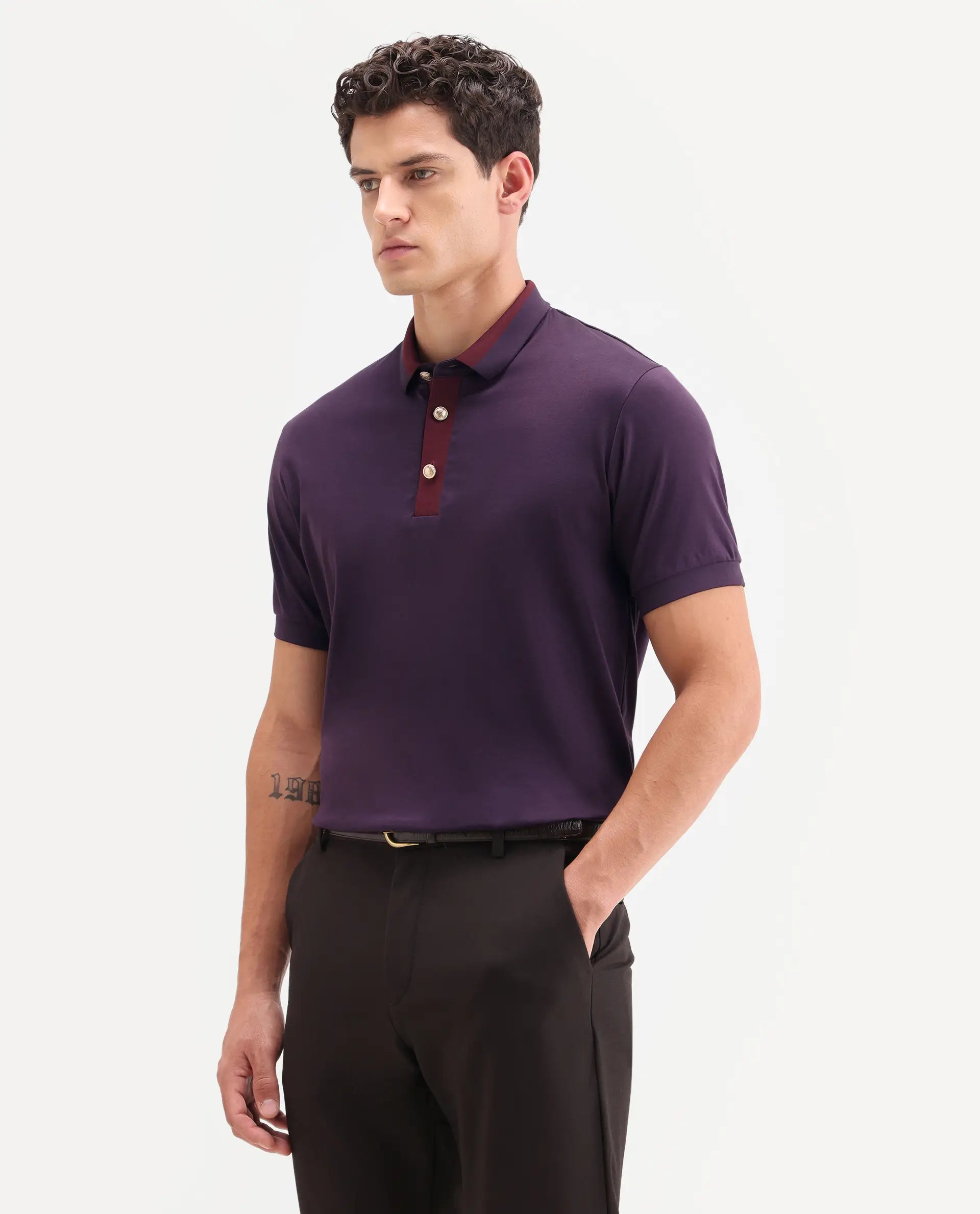 Rare Rabbit Men's Nish Dark Purple Cotton Fabric Half Sleeve Spread Collar Regular Fit Plain Polo