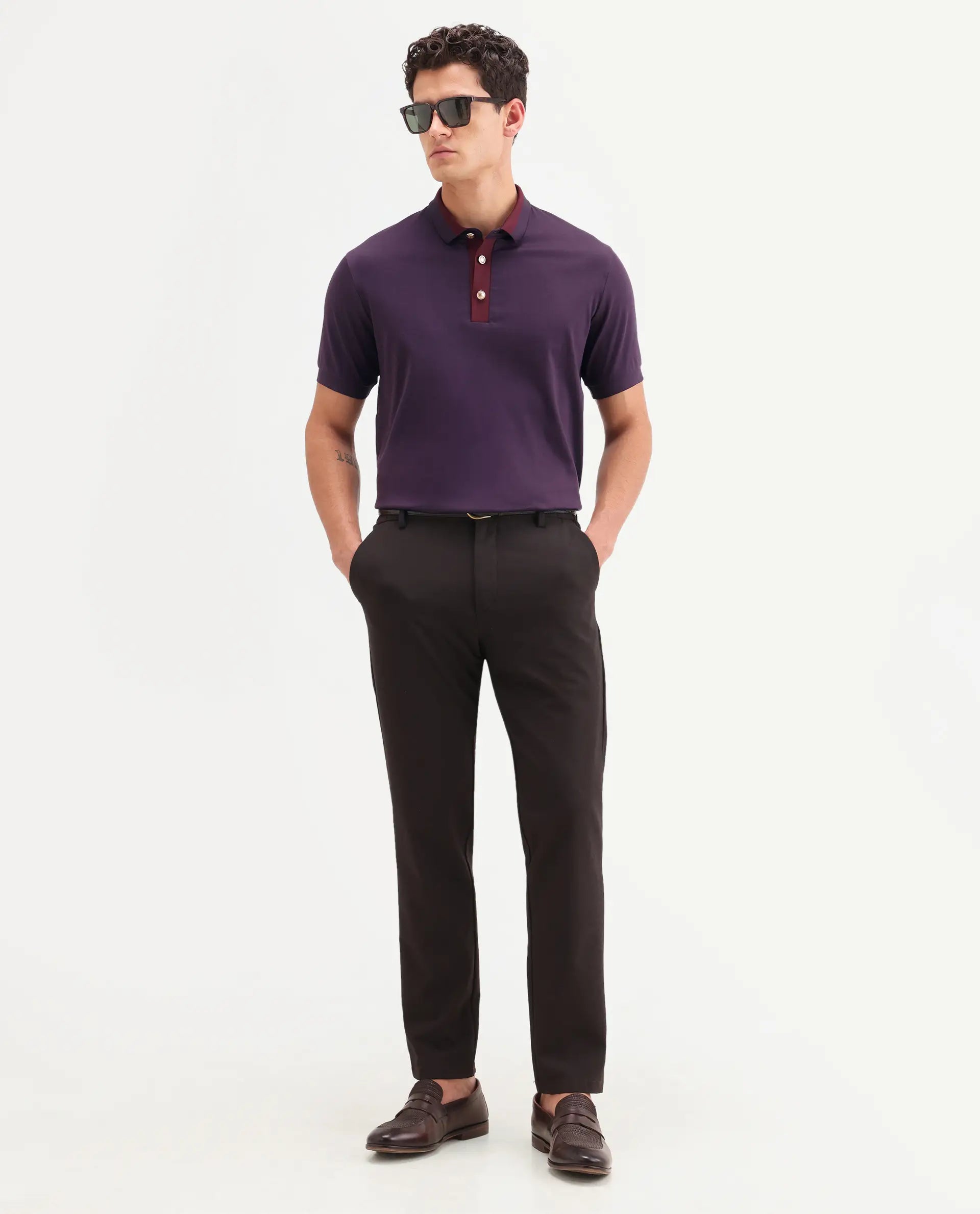 Rare Rabbit Men's Nish Dark Purple Cotton Fabric Half Sleeve Spread Collar Regular Fit Plain Polo
