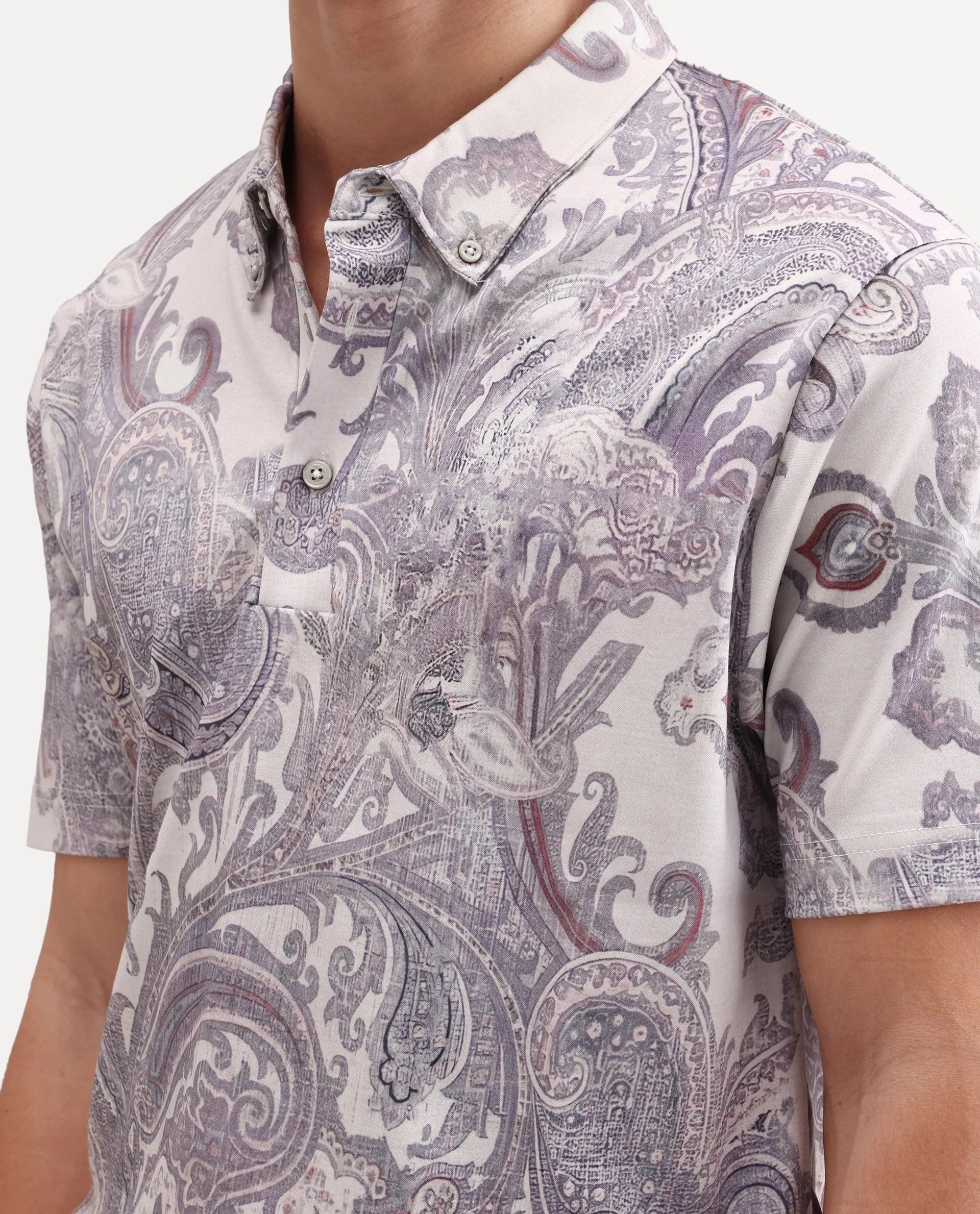 Rare Rabbit Men's Plais White Cotton Fabric Half Sleeve Spread Collar Regular Fit Paisley Polo