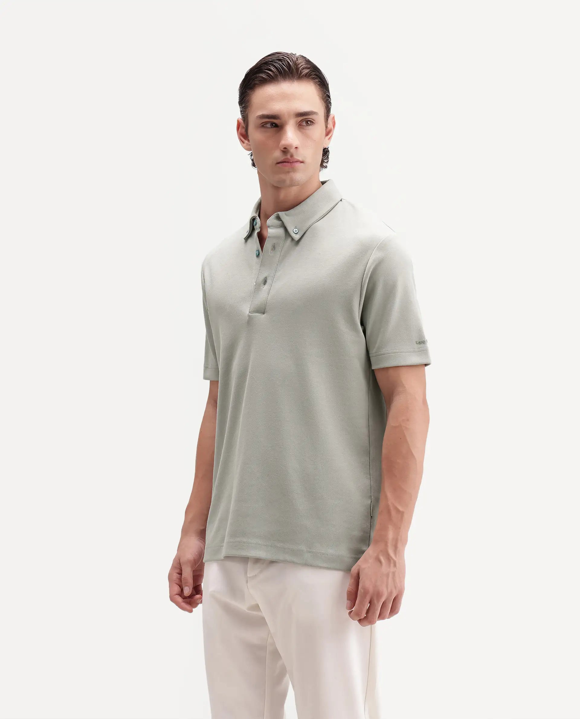Rare Rabbit Men's Promp Dusky Green Cotton Blend Fabric Half Sleeve Spread Collar Regular Fit Plain Polo