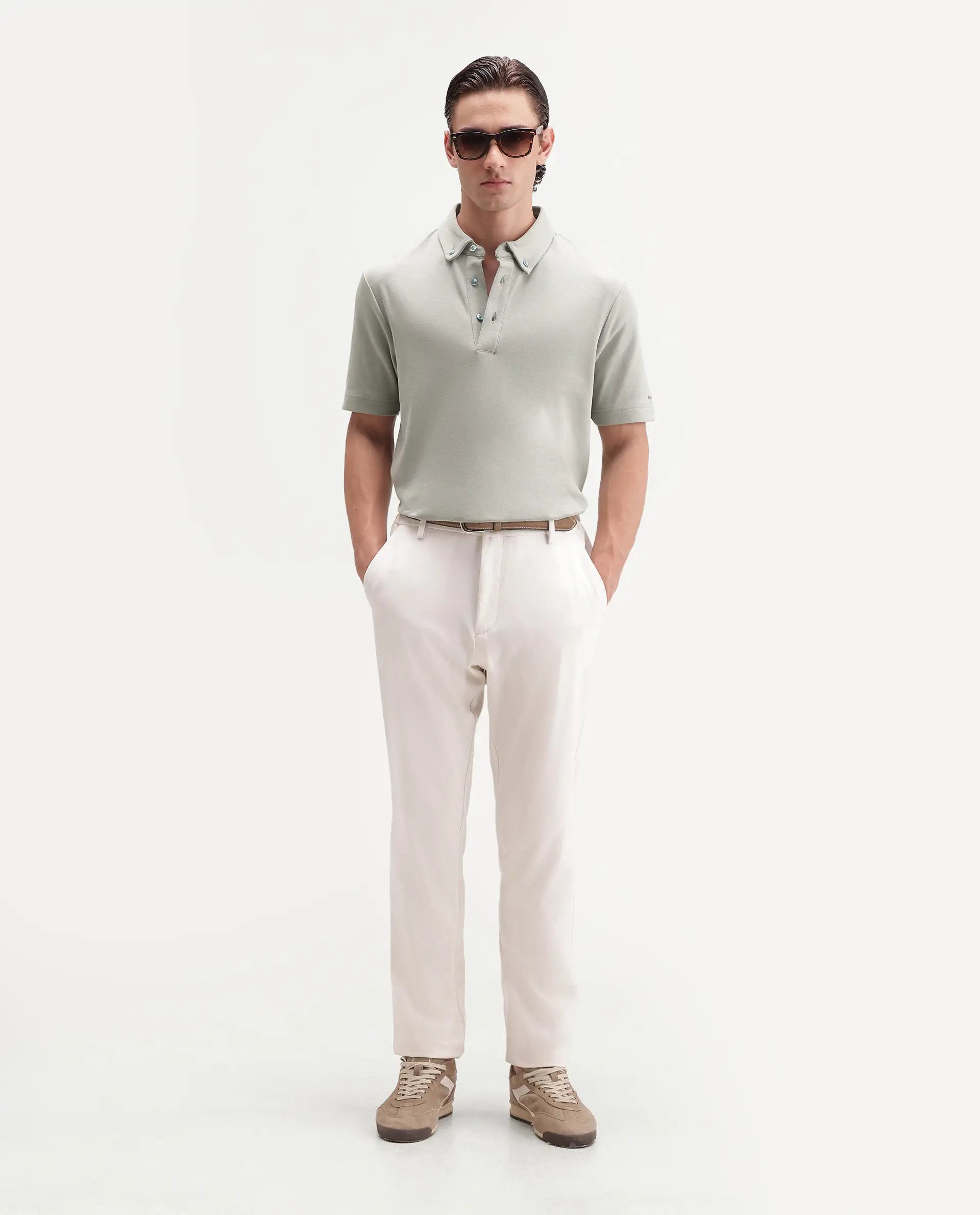 Rare Rabbit Men's Promp Dusky Green Cotton Blend Fabric Half Sleeve Spread Collar Regular Fit Plain Polo