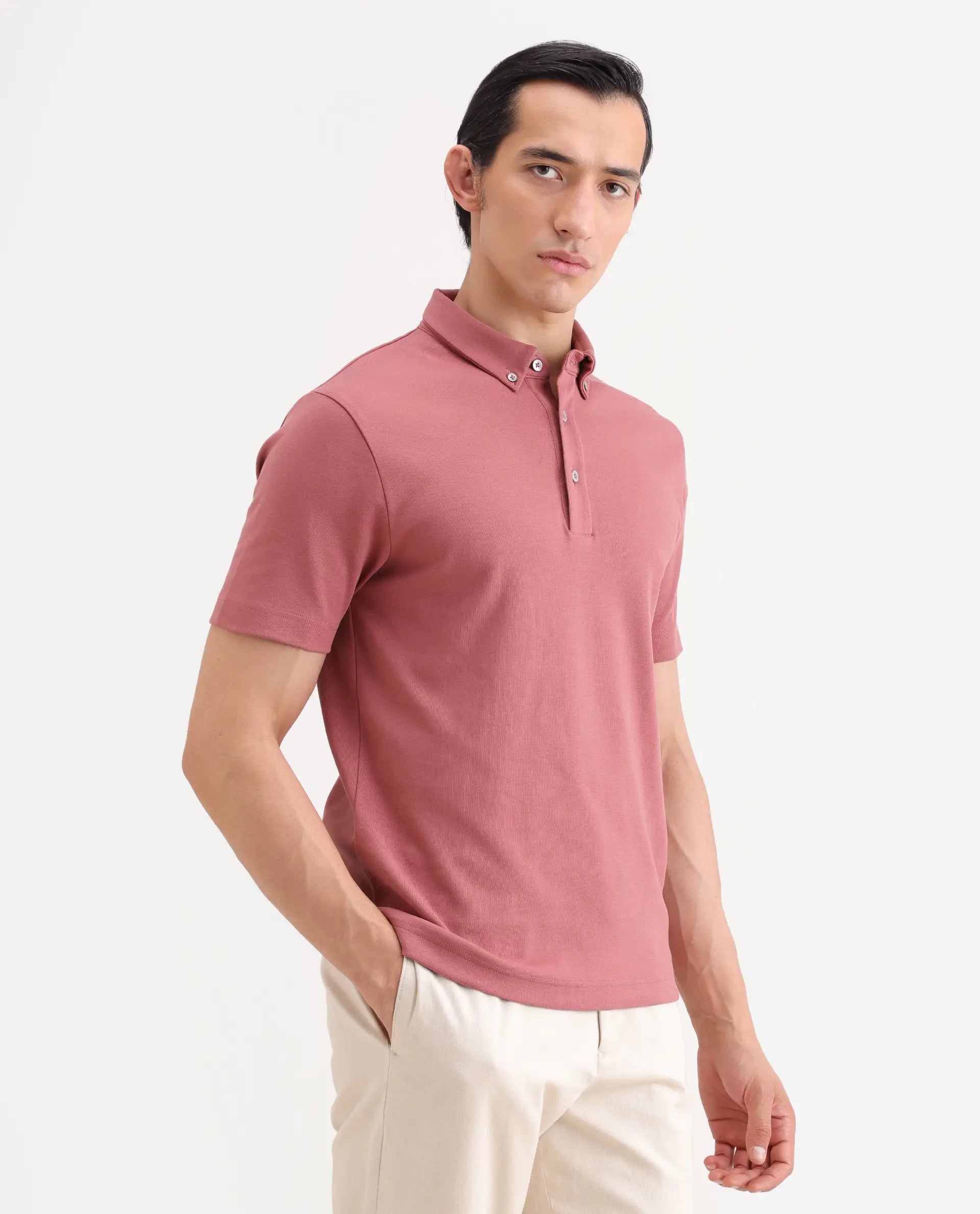 Rare Rabbit Men's Promp Dusky Pink Cotton Blend Fabric Half Sleeve Spread Collar Regular Fit Plain Polo