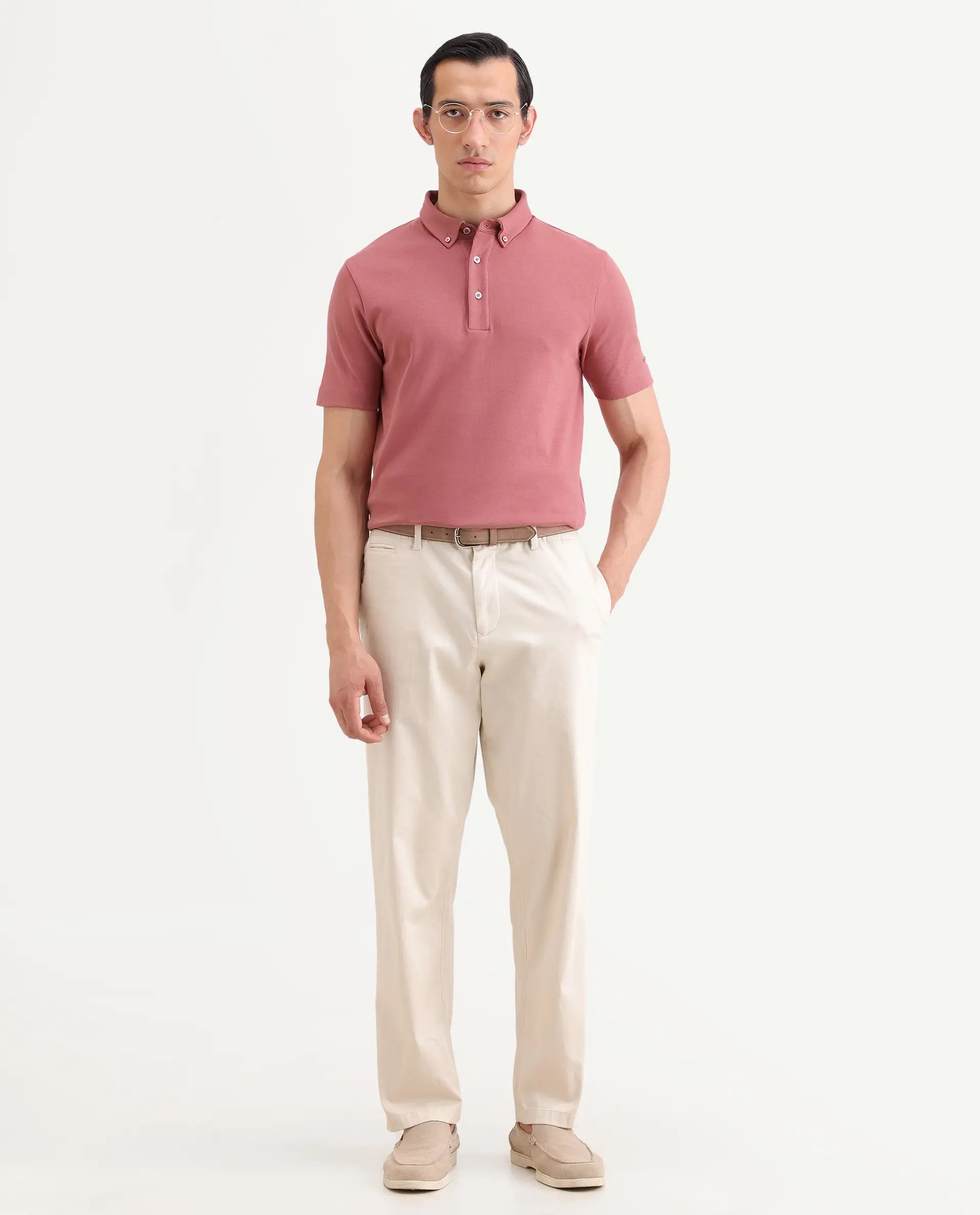 Rare Rabbit Men's Promp Dusky Pink Cotton Blend Fabric Half Sleeve Spread Collar Regular Fit Plain Polo