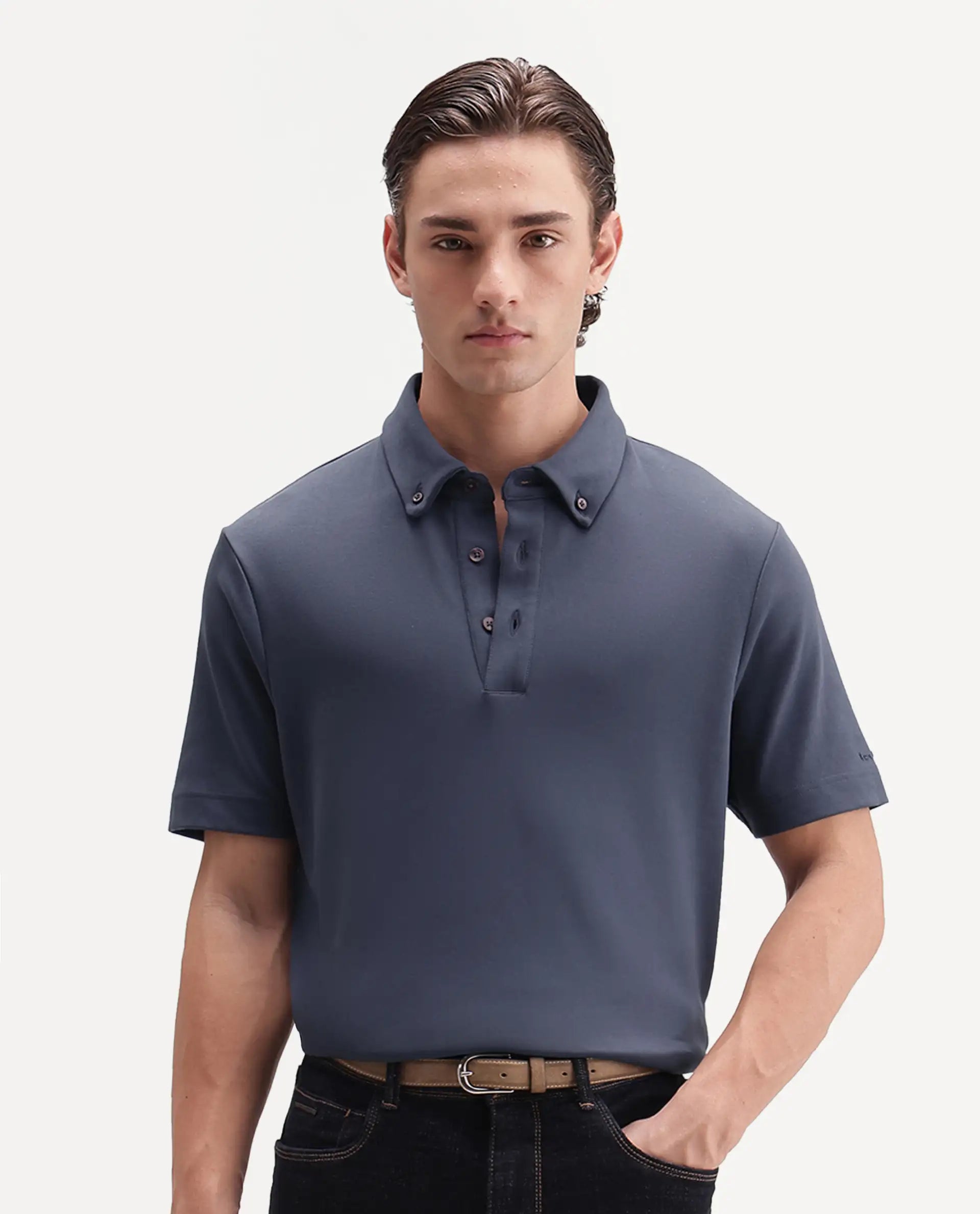Rare Rabbit Men's Promp Dusky Blue Cotton Blend Fabric Half Sleeve Spread Collar Regular Fit Plain Polo