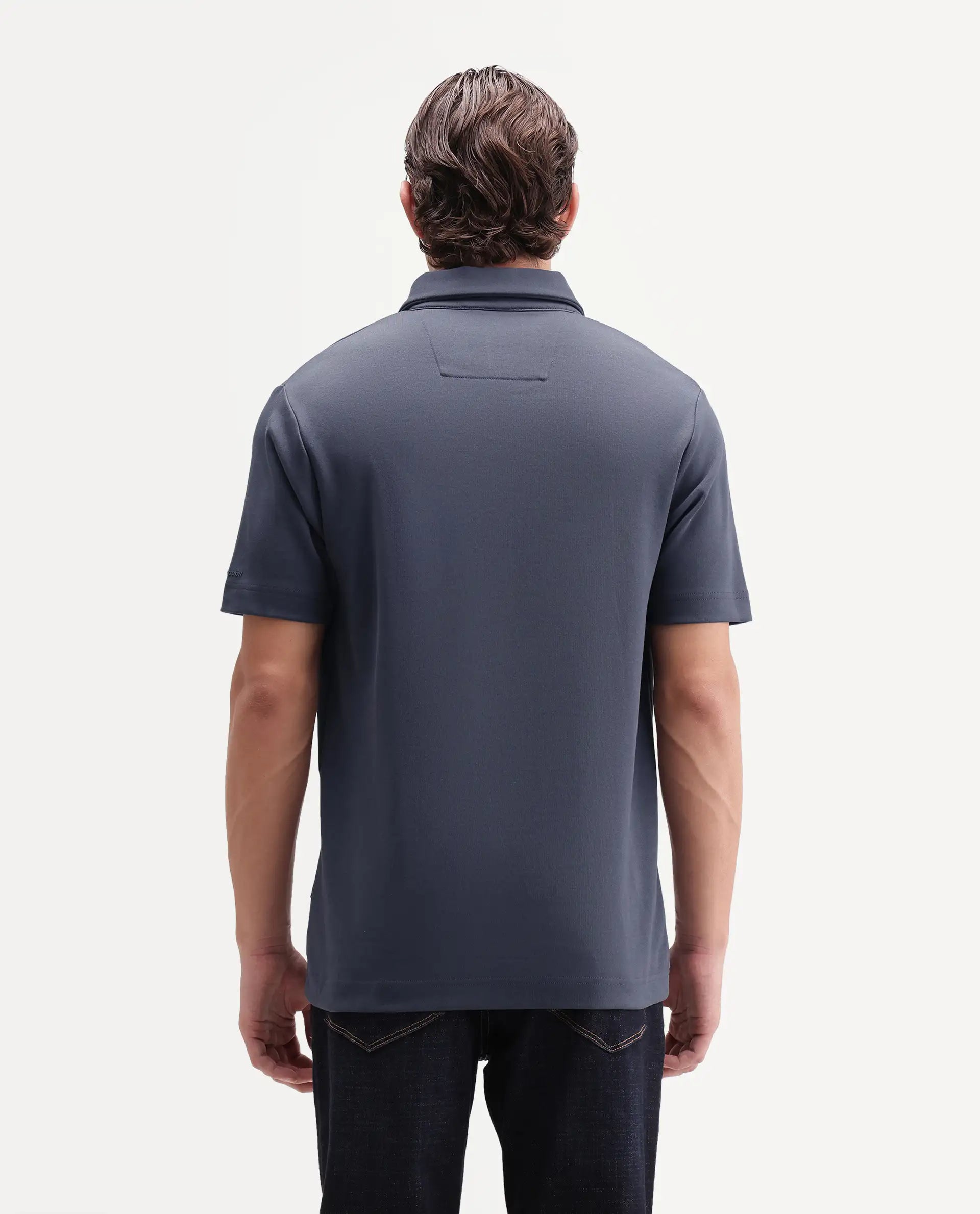 Rare Rabbit Men's Promp Dusky Blue Cotton Blend Fabric Half Sleeve Spread Collar Regular Fit Plain Polo