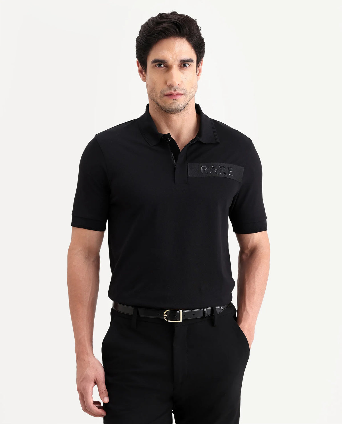 Rare Rabbit Men's Remo-S26 Black Cotton Blend Fabric Half Sleeve Spread Collar Regular Fit Plain Polo