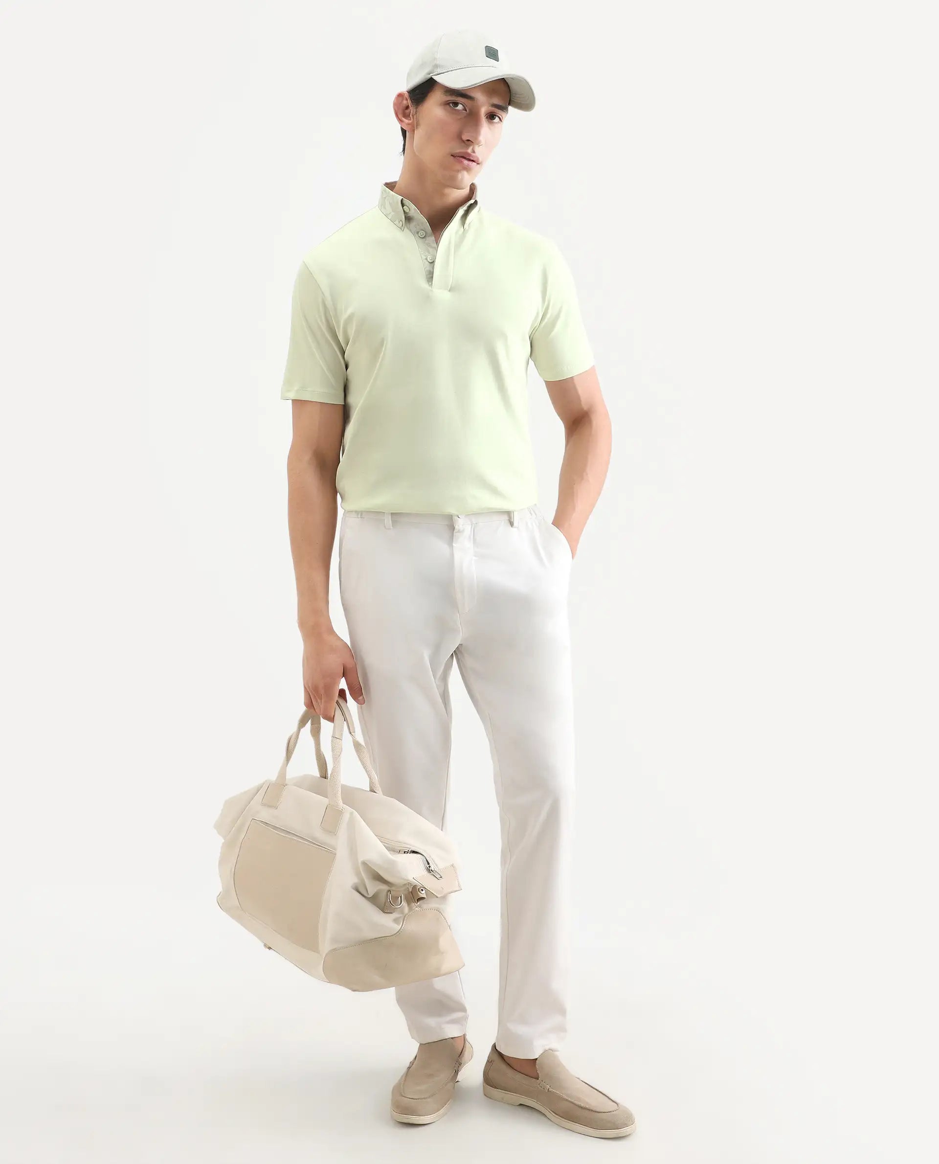 Rare Rabbit Men's Ringer-S26 Pastel Green Cotton Fabric Half Sleeve Spread Collar Regular Fit Plain Polo