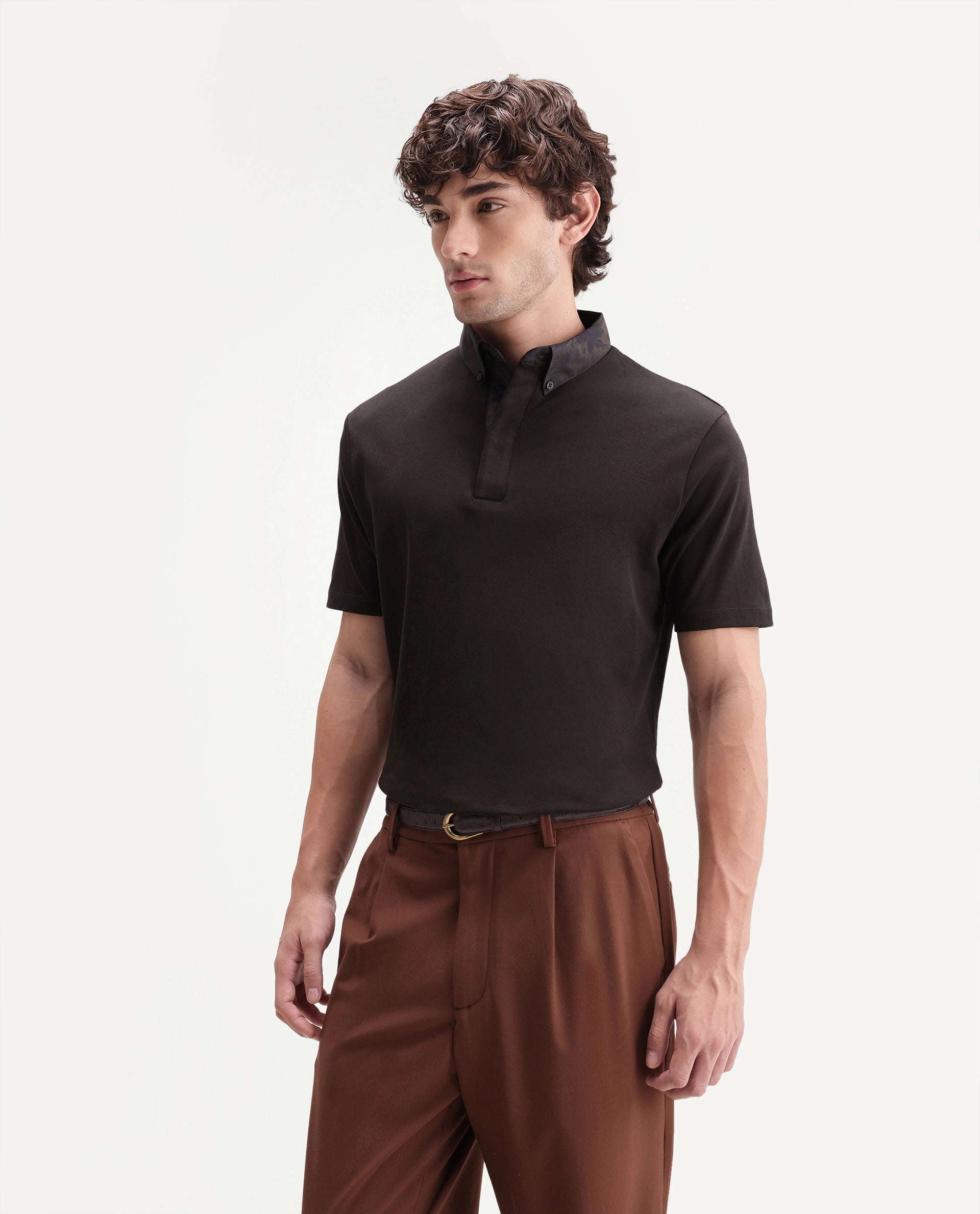 Rare Rabbit Men's Ringer-S26 Dark Brown Cotton Fabric Half Sleeve Spread Collar Regular Fit Plain Polo