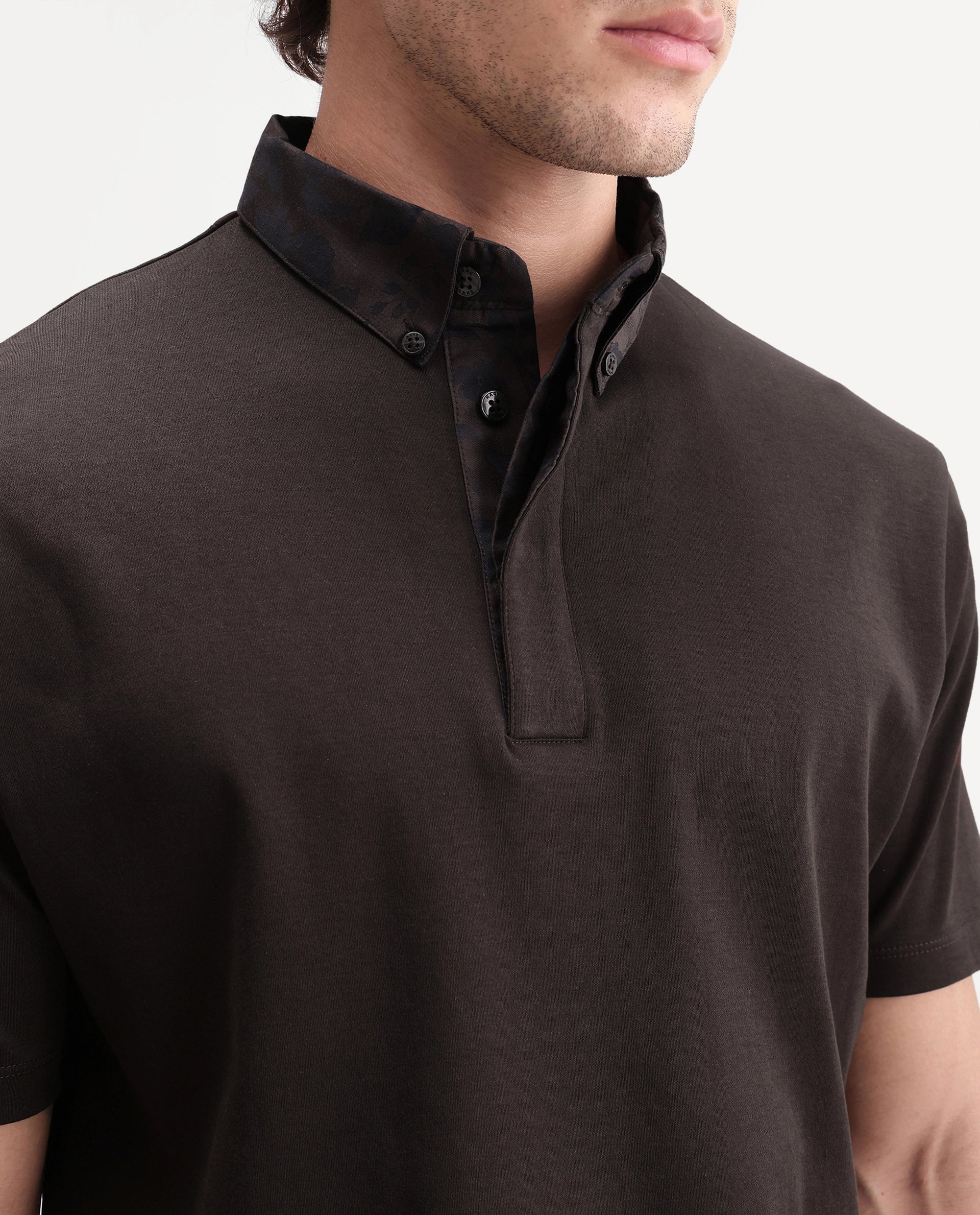 Rare Rabbit Men's Ringer-S26 Dark Brown Cotton Fabric Half Sleeve Spread Collar Regular Fit Plain Polo