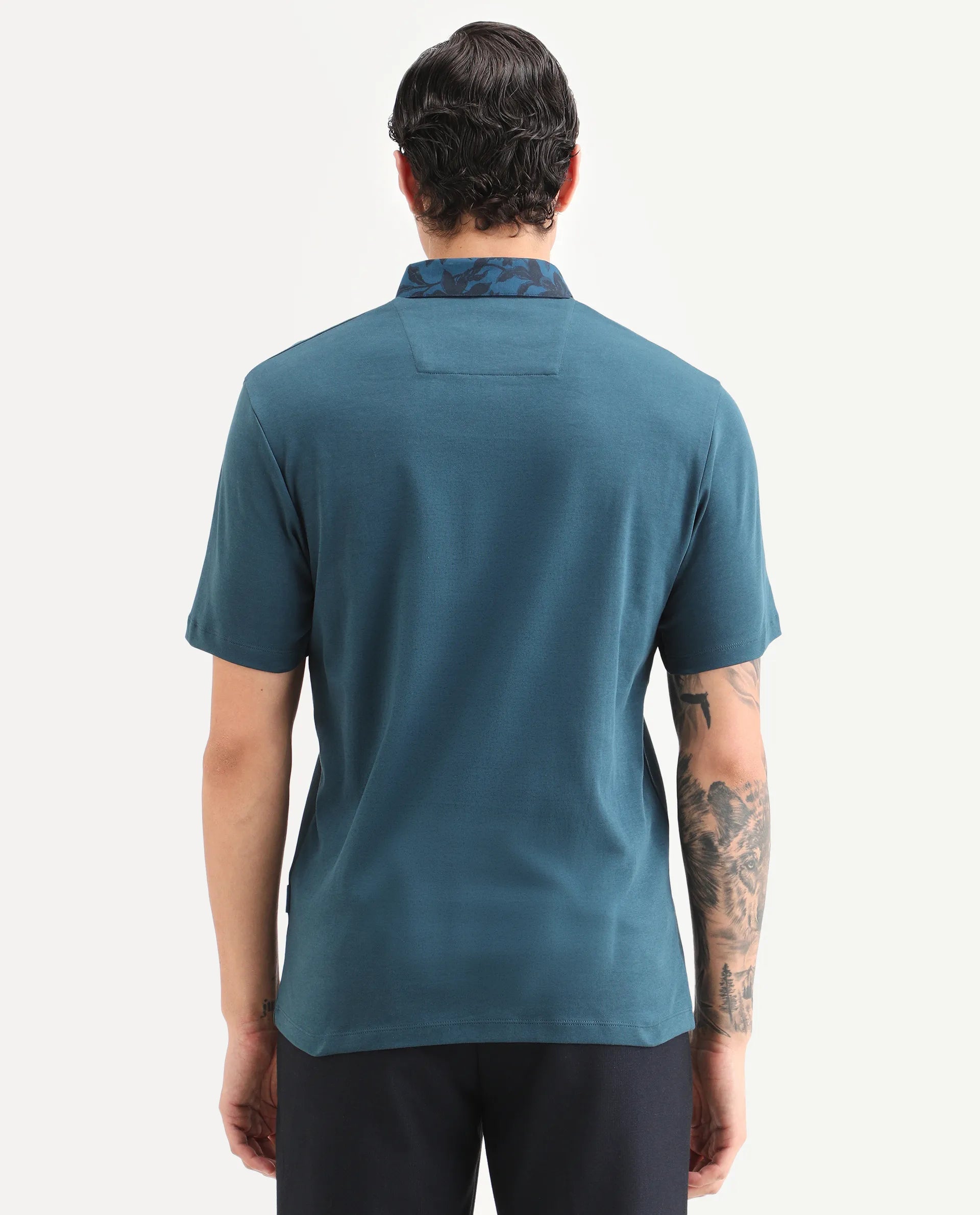 Rare Rabbit Men's Ringer-S26 Teal Cotton Fabric Half Sleeve Spread Collar Regular Fit Plain Polo