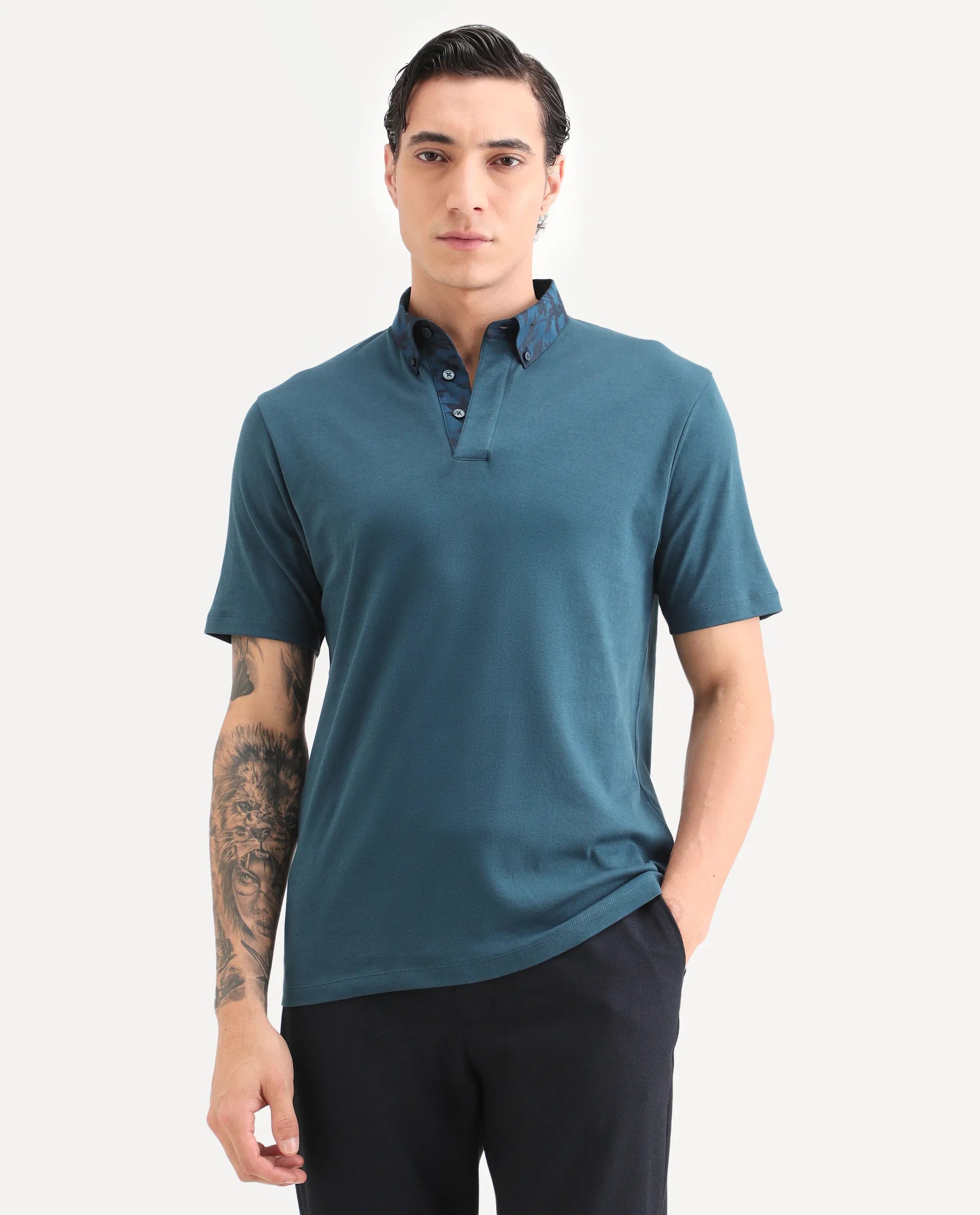 Rare Rabbit Men's Ringer-S26 Teal Cotton Fabric Half Sleeve Spread Collar Regular Fit Plain Polo