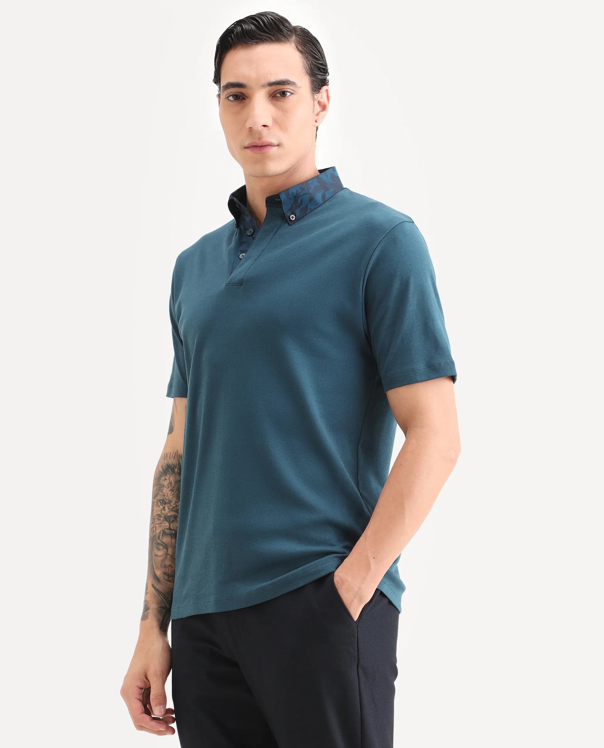 Rare Rabbit Men's Ringer-S26 Teal Cotton Fabric Half Sleeve Spread Collar Regular Fit Plain Polo