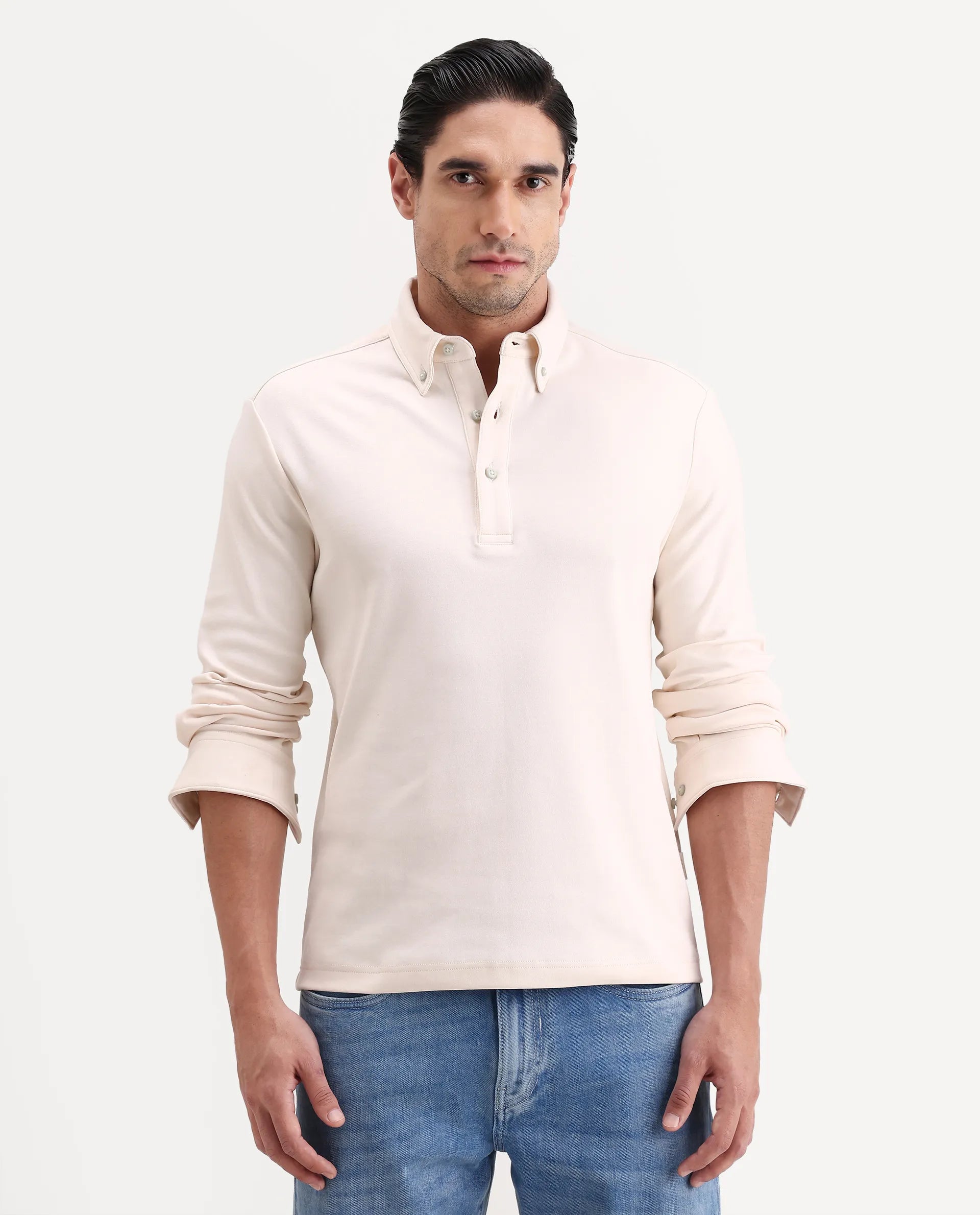 Rare Rabbit Men's Rint Off White Cotton Blend Fabric Full Sleeve Spread Collar Regular Fit Plain Polo