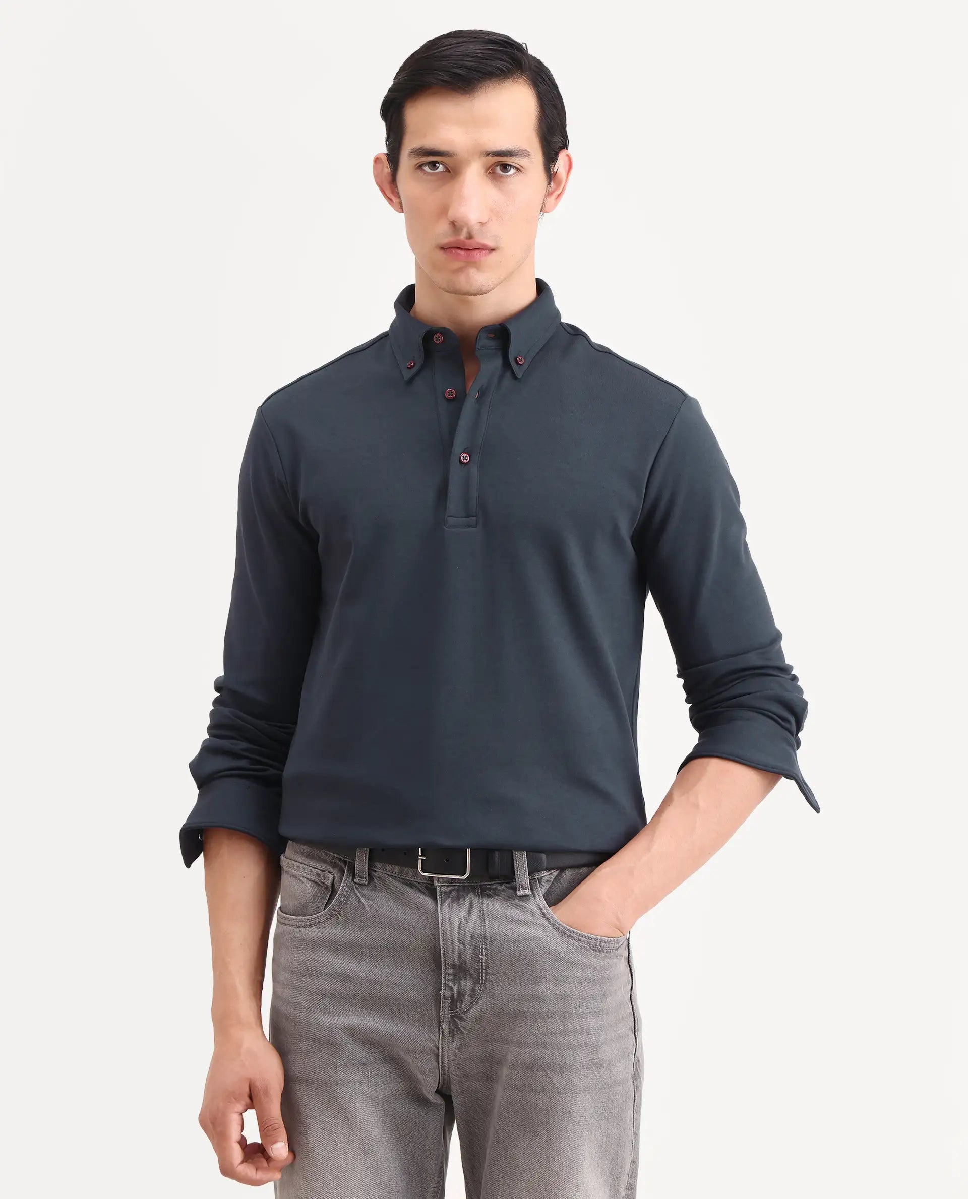 Rare Rabbit Men's Rint Dark Navy Cotton Blend Fabric Full Sleeve Spread Collar Regular Fit Plain Polo