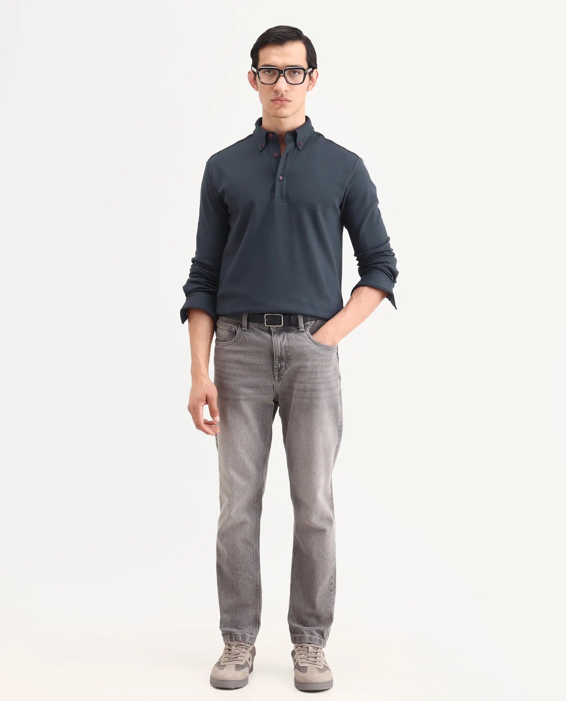 Rare Rabbit Men's Rint Dark Navy Cotton Blend Fabric Full Sleeve Spread Collar Regular Fit Plain Polo