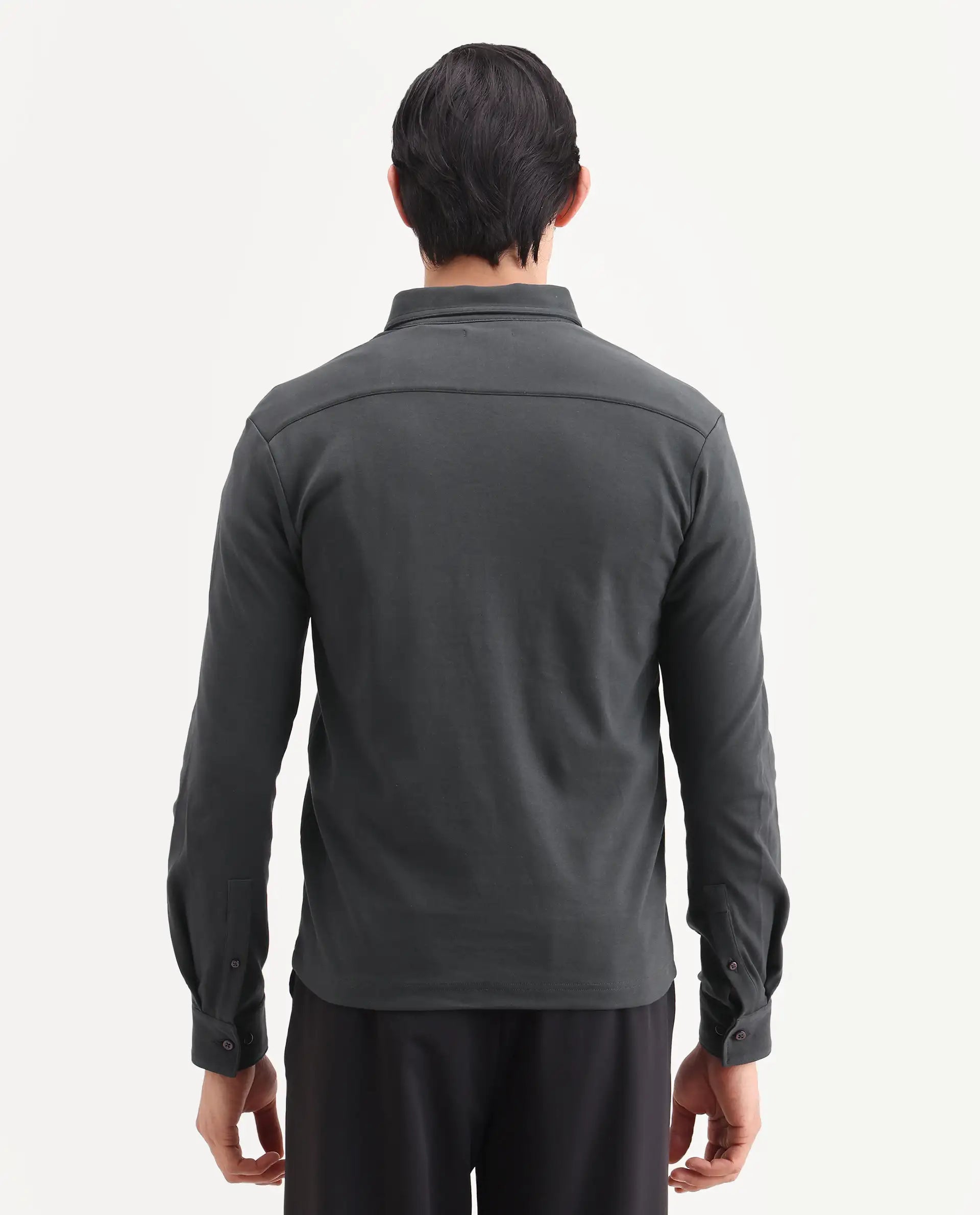 Rare Rabbit Men's Rint Dark Grey Cotton Blend Fabric Full Sleeve Spread Collar Regular Fit Plain Polo