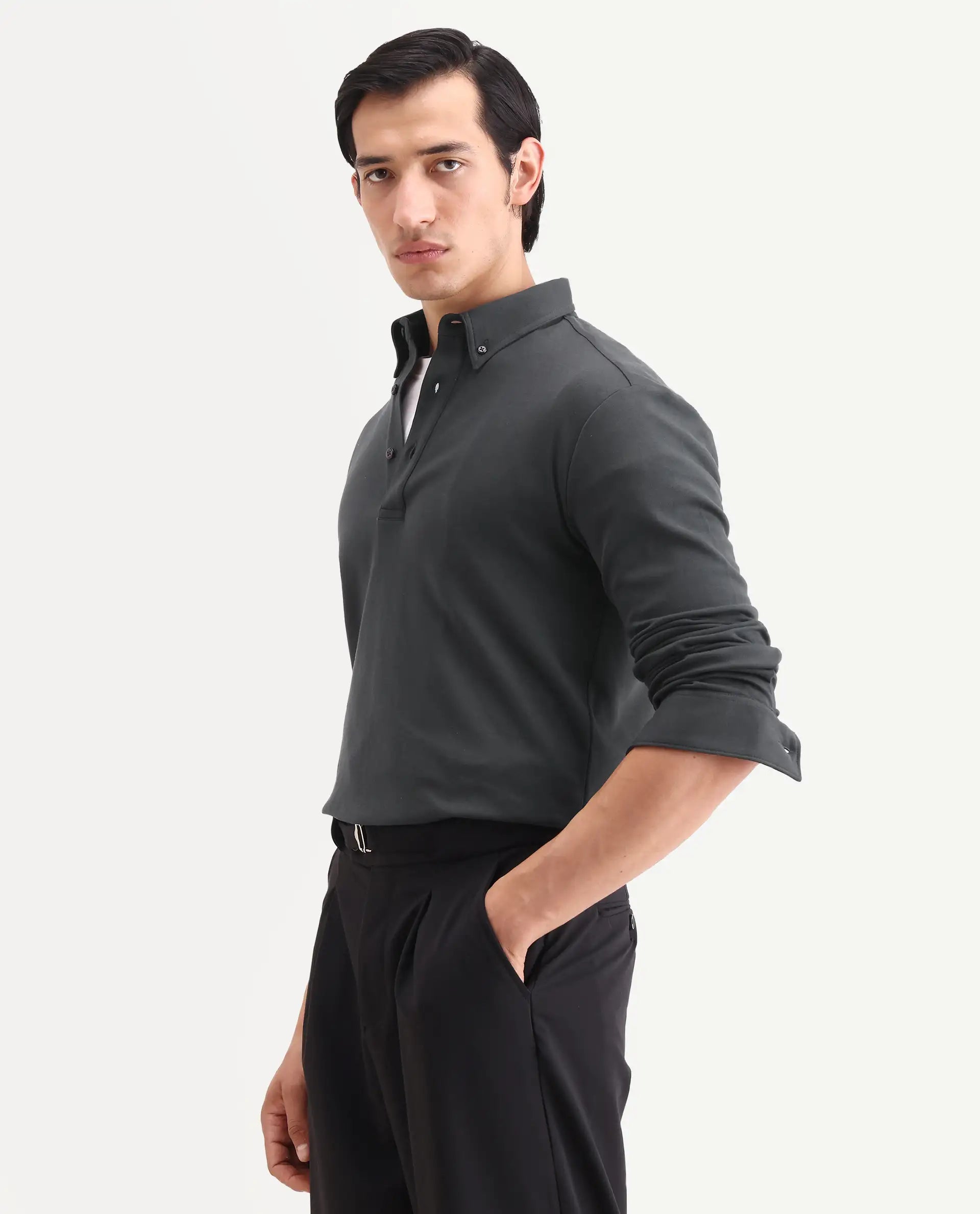 Rare Rabbit Men's Rint Dark Grey Cotton Blend Fabric Full Sleeve Spread Collar Regular Fit Plain Polo