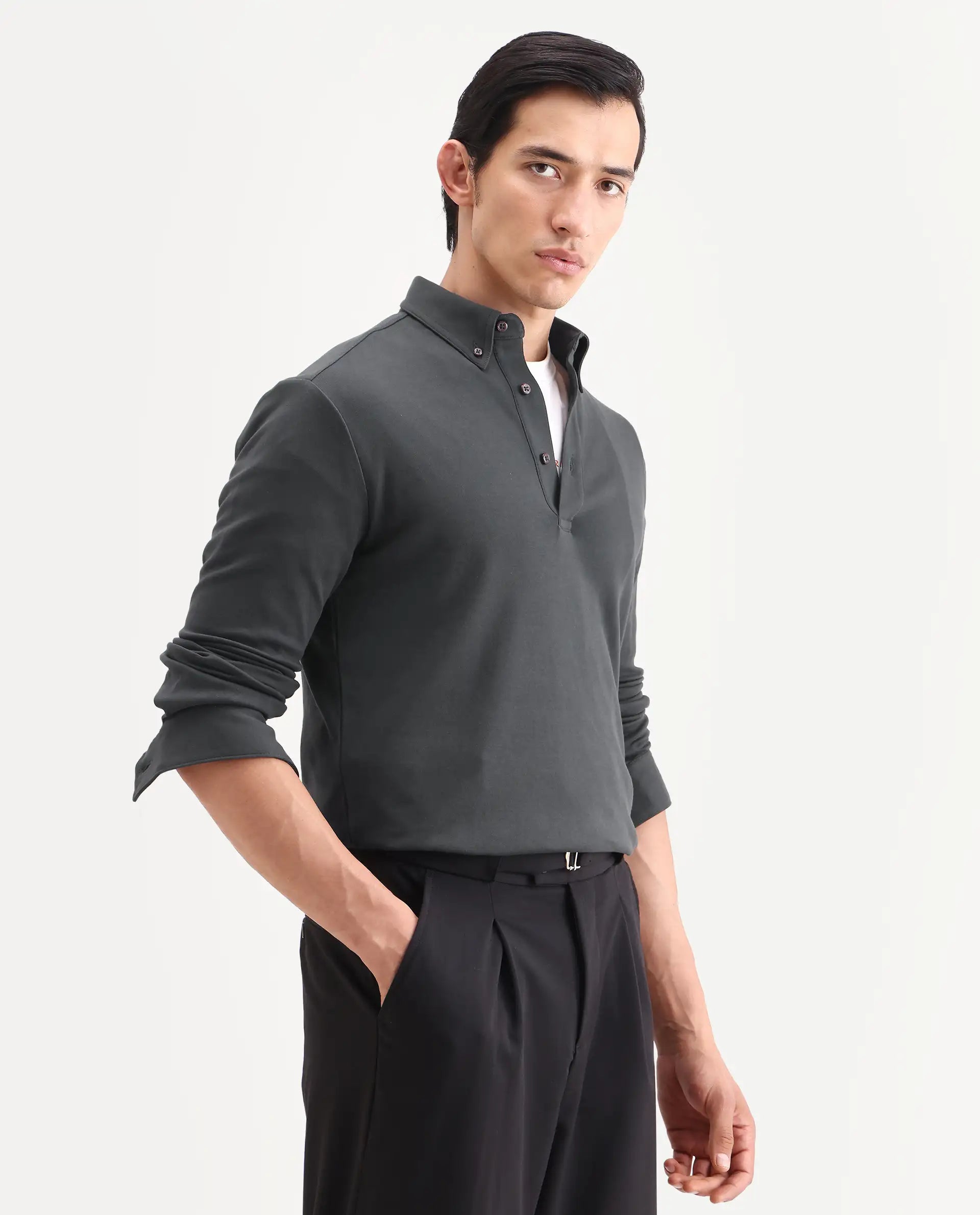 Rare Rabbit Men's Rint Dark Grey Cotton Blend Fabric Full Sleeve Spread Collar Regular Fit Plain Polo