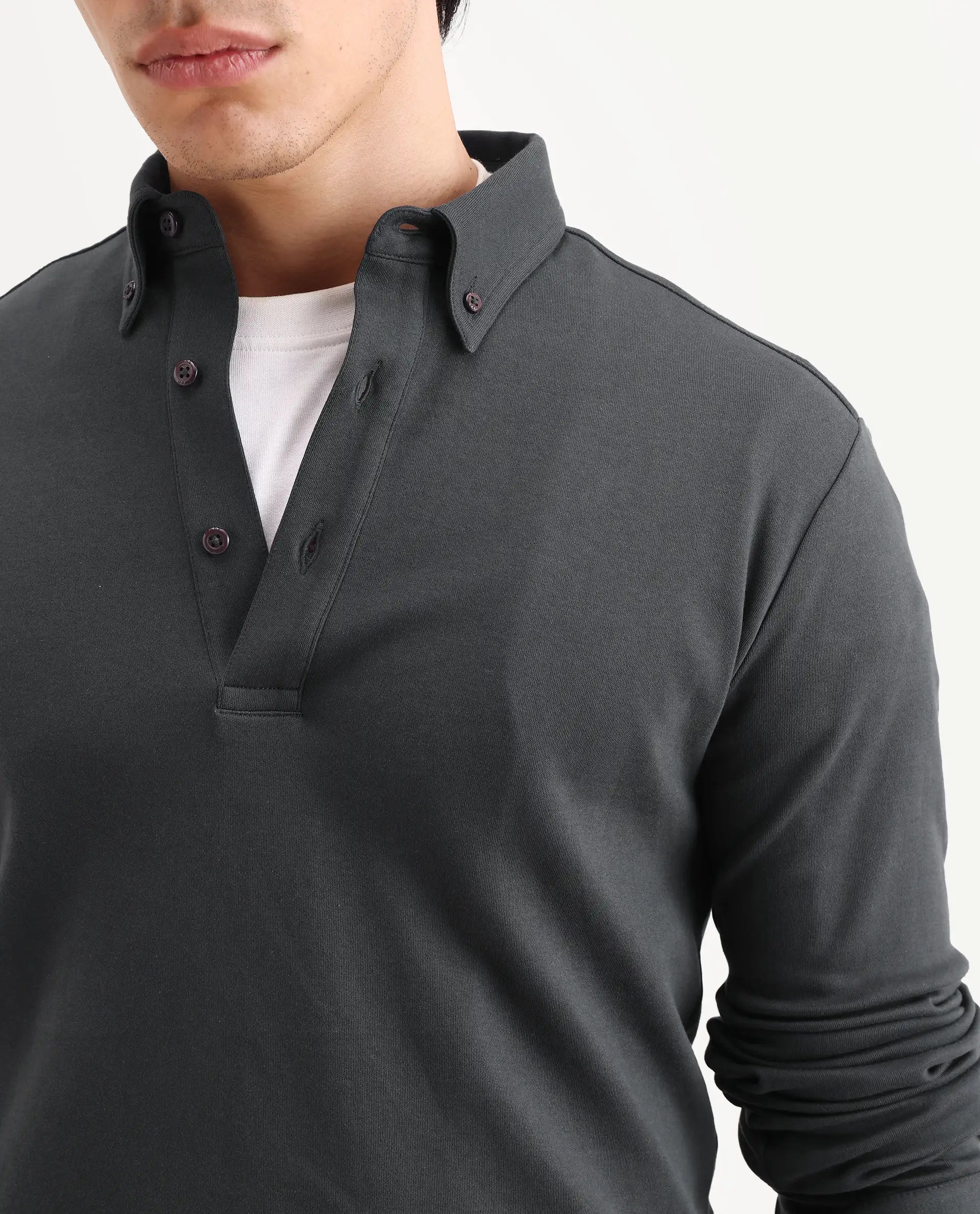 Rare Rabbit Men's Rint Dark Grey Cotton Blend Fabric Full Sleeve Spread Collar Regular Fit Plain Polo