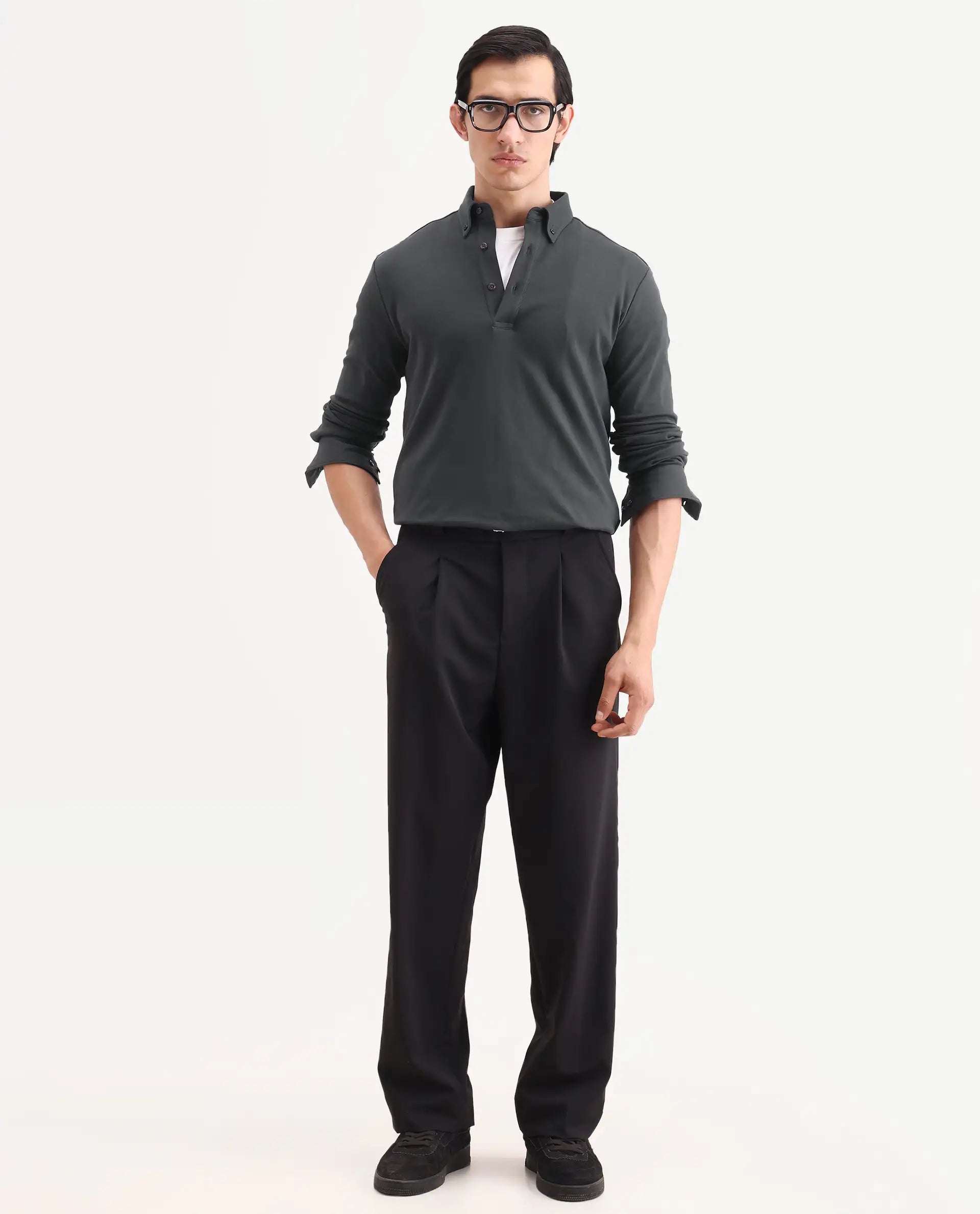 Rare Rabbit Men's Rint Dark Grey Cotton Blend Fabric Full Sleeve Spread Collar Regular Fit Plain Polo
