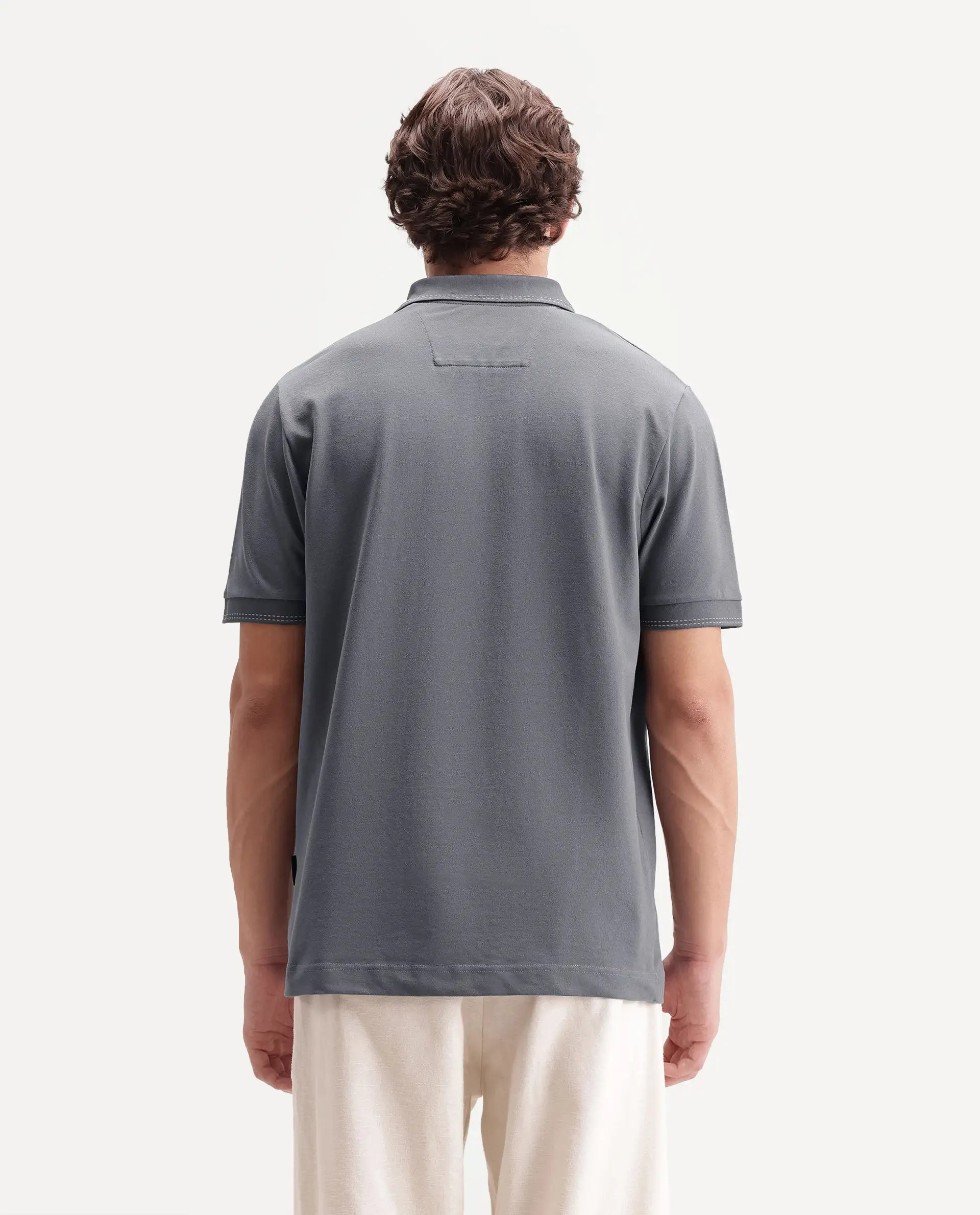 Rare Rabbit Men's Rowl-S26 Dark Grey Cotton Blend Fabric Half Sleeve Spread Collar Regular Fit Plain Polo