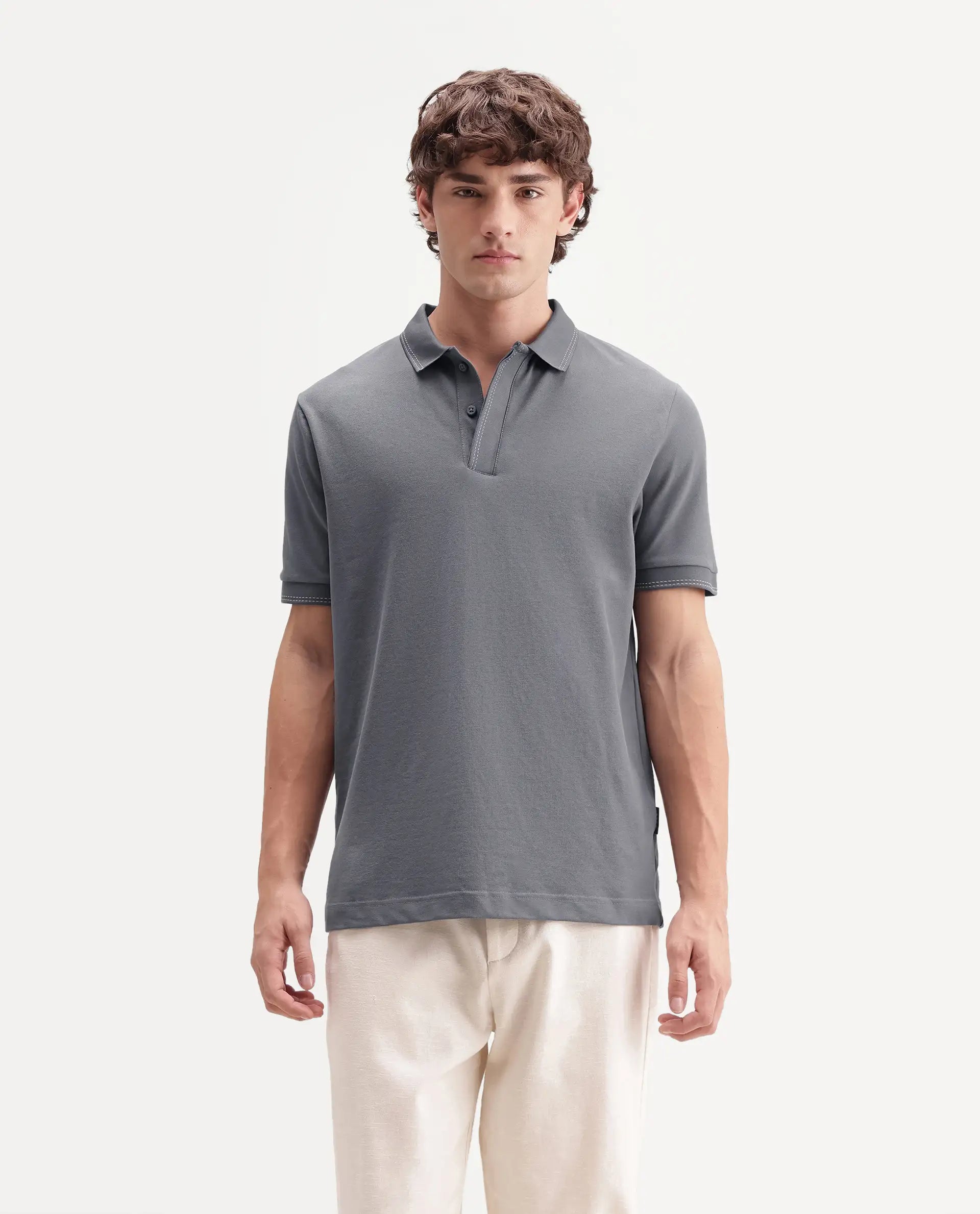 Rare Rabbit Men's Rowl-S26 Dark Grey Cotton Blend Fabric Half Sleeve Spread Collar Regular Fit Plain Polo