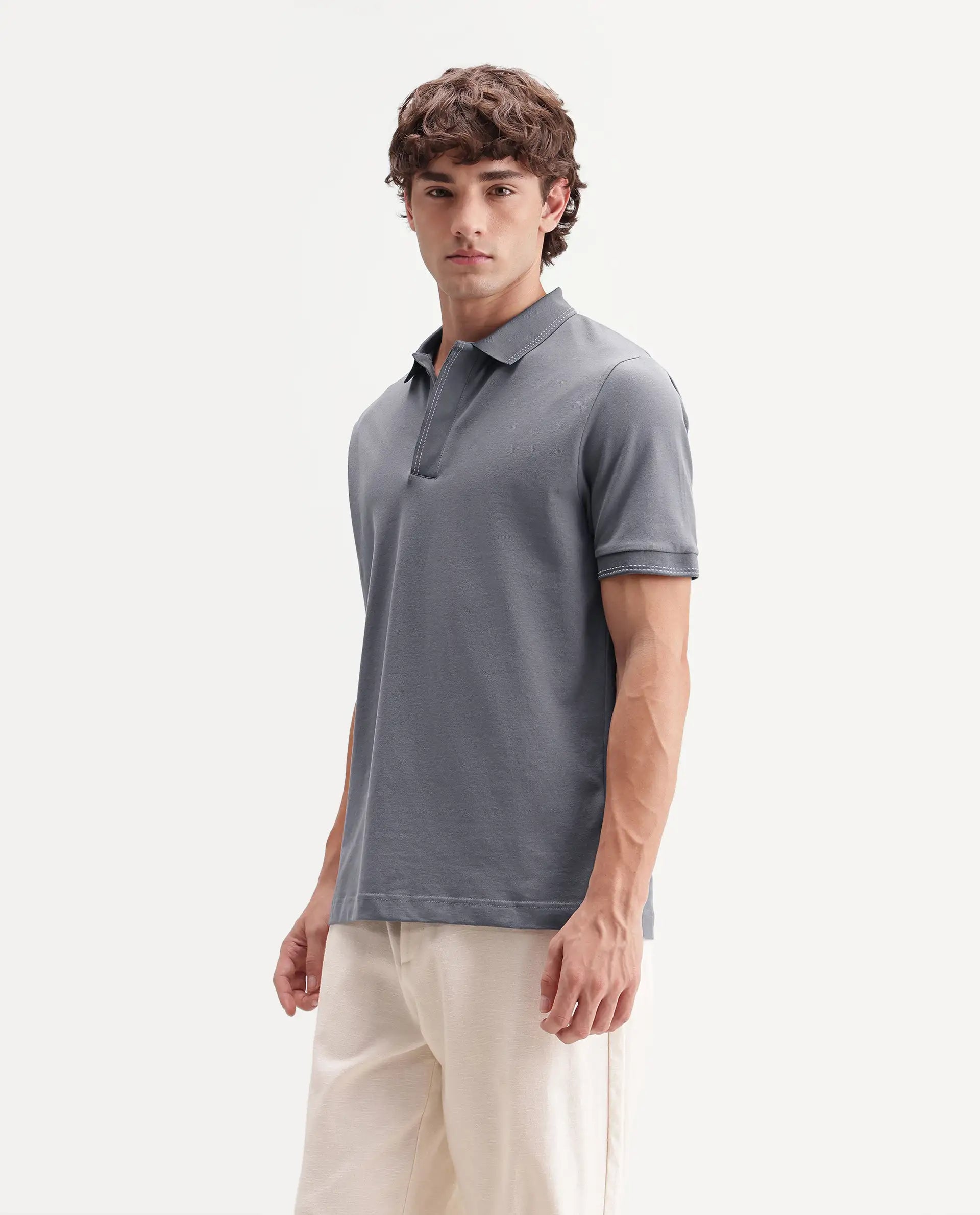 Rare Rabbit Men's Rowl-S26 Dark Grey Cotton Blend Fabric Half Sleeve Spread Collar Regular Fit Plain Polo