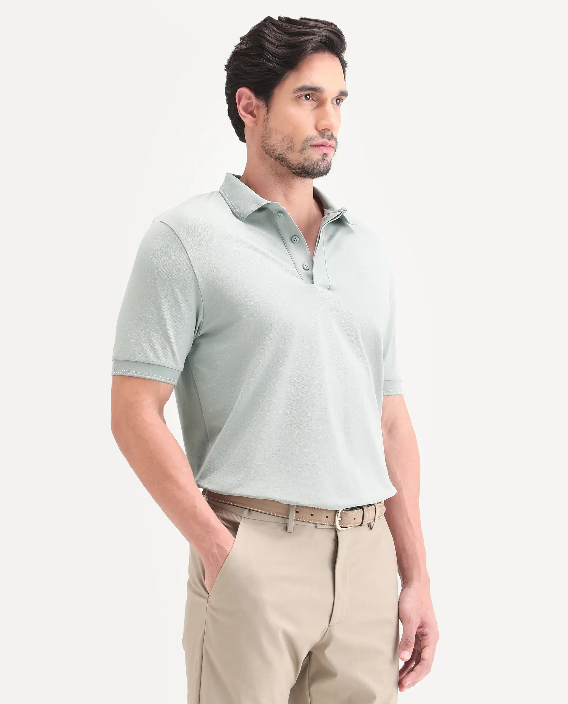 Rare Rabbit Men's Rowl-S26 Dusky Green Cotton Blend Fabric Half Sleeve Spread Collar Regular Fit Plain Polo