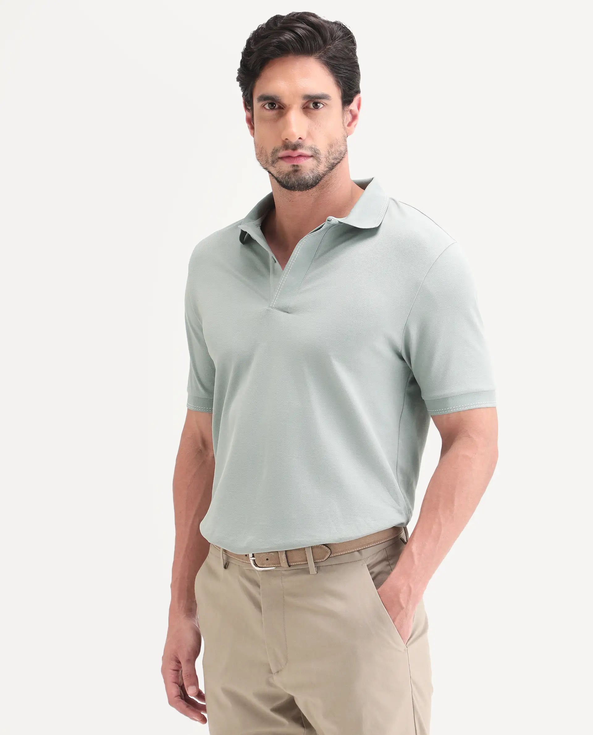 Rare Rabbit Men's Rowl-S26 Dusky Green Cotton Blend Fabric Half Sleeve Spread Collar Regular Fit Plain Polo