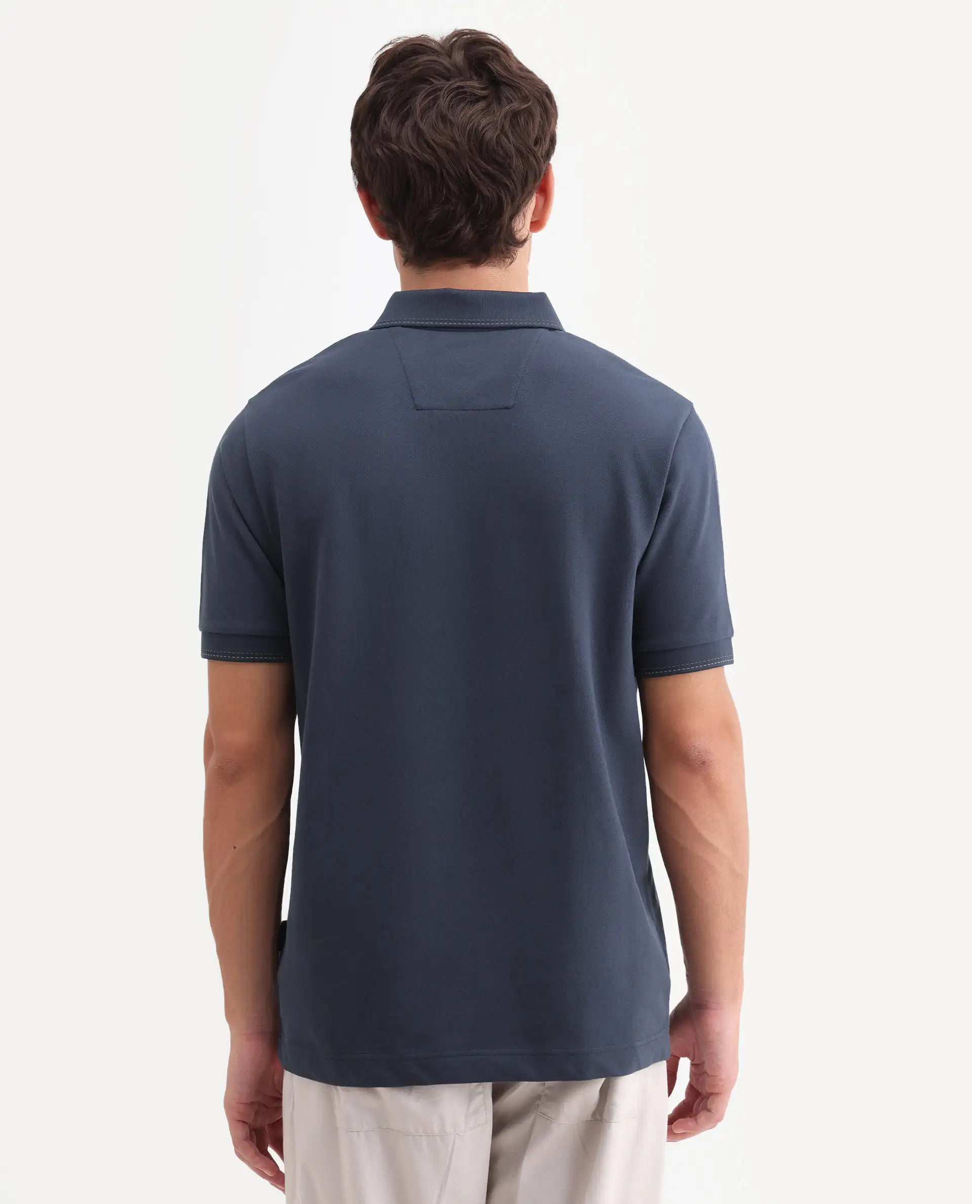 Rare Rabbit Men's Rowl-S26 Navy Cotton Blend Fabric Half Sleeve Spread Collar Regular Fit Plain Polo
