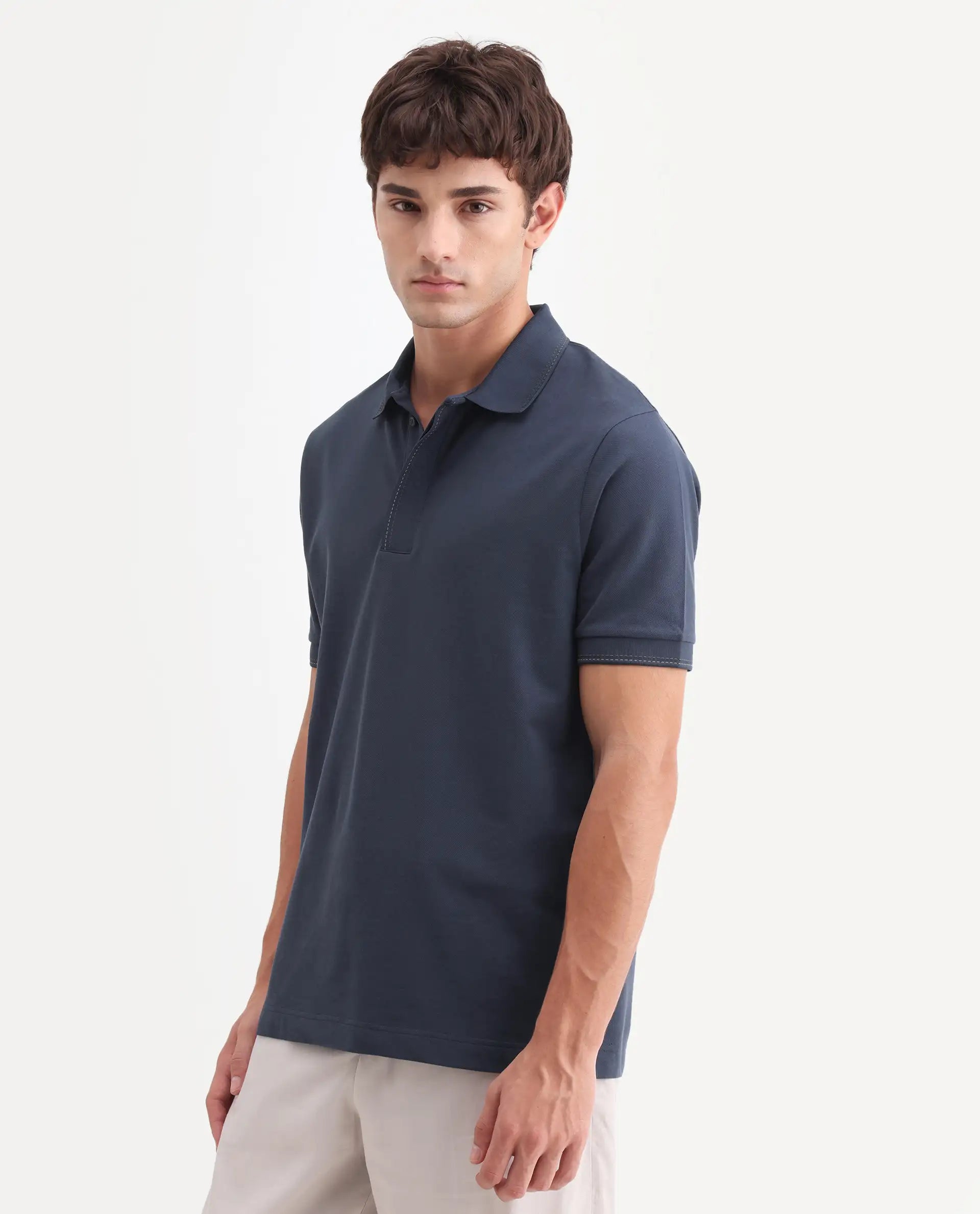 Rare Rabbit Men's Rowl-S26 Navy Cotton Blend Fabric Half Sleeve Spread Collar Regular Fit Plain Polo