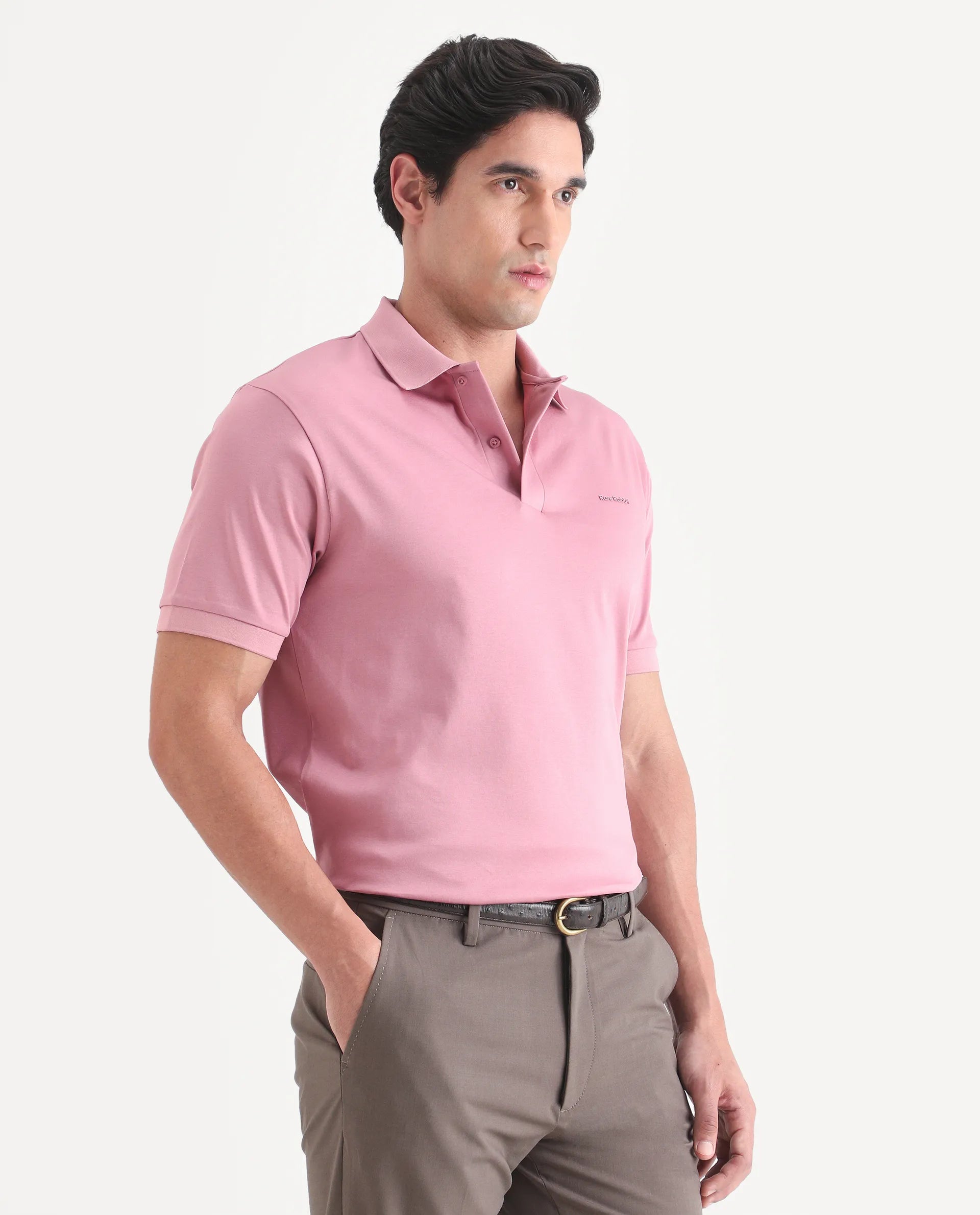 Rare Rabbit Men's Row-S26 Dusky Pink Cotton Fabric Half Sleeve Spread Collar Regular Fit Plain Polo