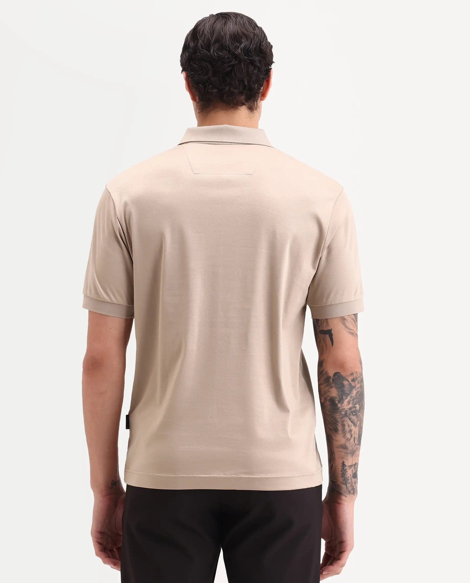 Rare Rabbit Men's Row-S26 Beige Cotton Fabric Half Sleeve Spread Collar Regular Fit Plain Polo