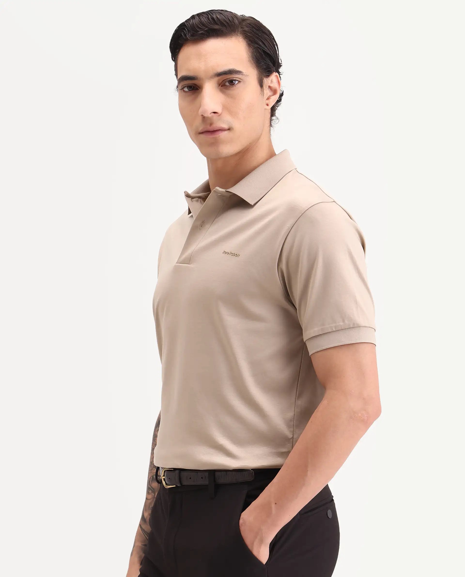Rare Rabbit Men's Row-S26 Beige Cotton Fabric Half Sleeve Spread Collar Regular Fit Plain Polo