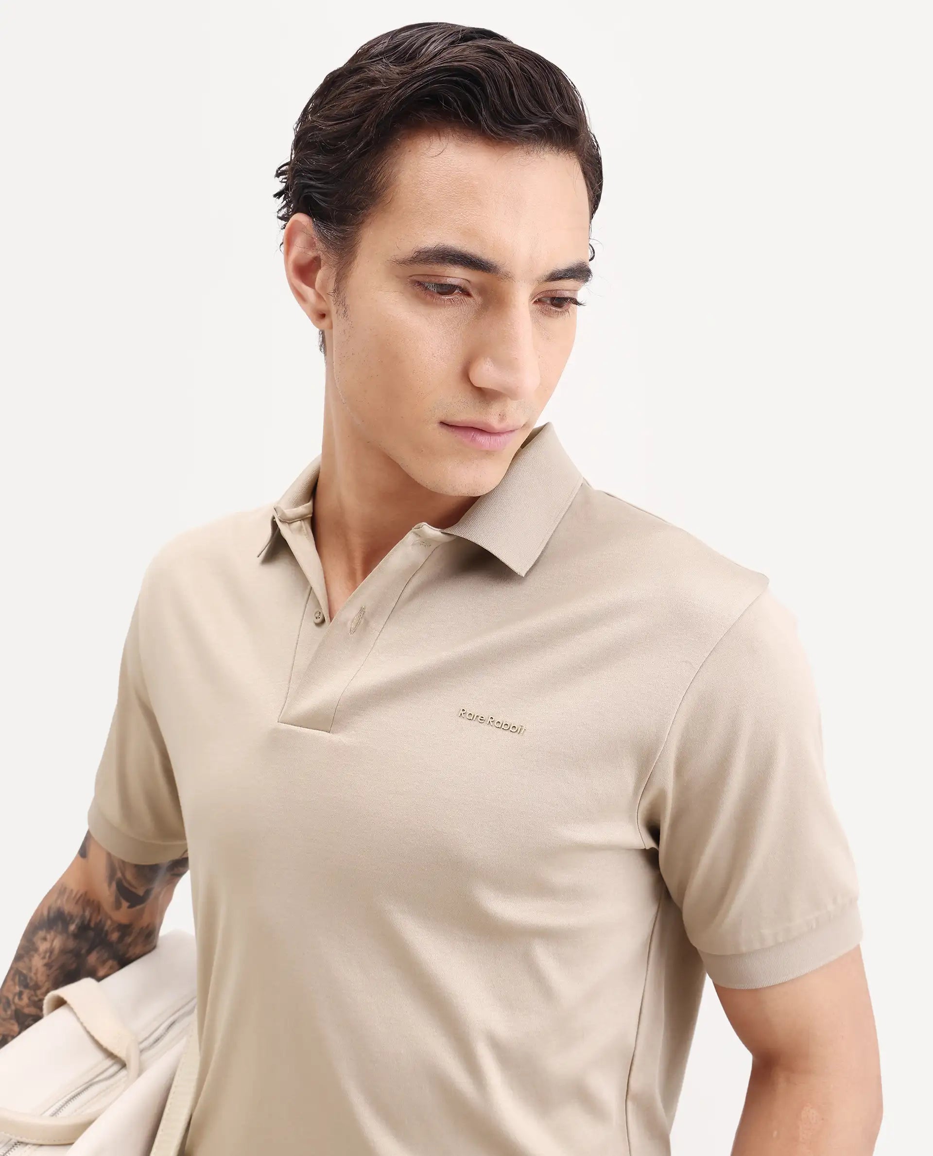 Rare Rabbit Men's Row-S26 Beige Cotton Fabric Half Sleeve Spread Collar Regular Fit Plain Polo