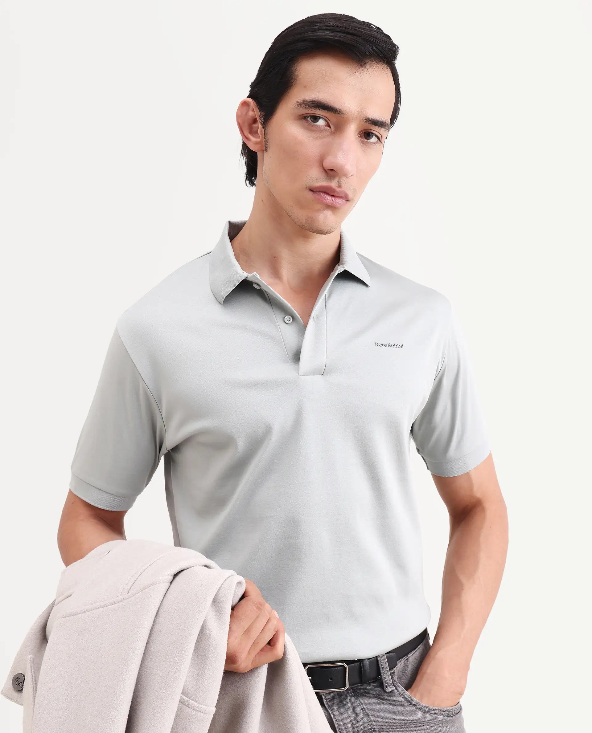 Rare Rabbit Men's Row-S26 Dusky Green Cotton Fabric Half Sleeve Spread Collar Regular Fit Plain Polo
