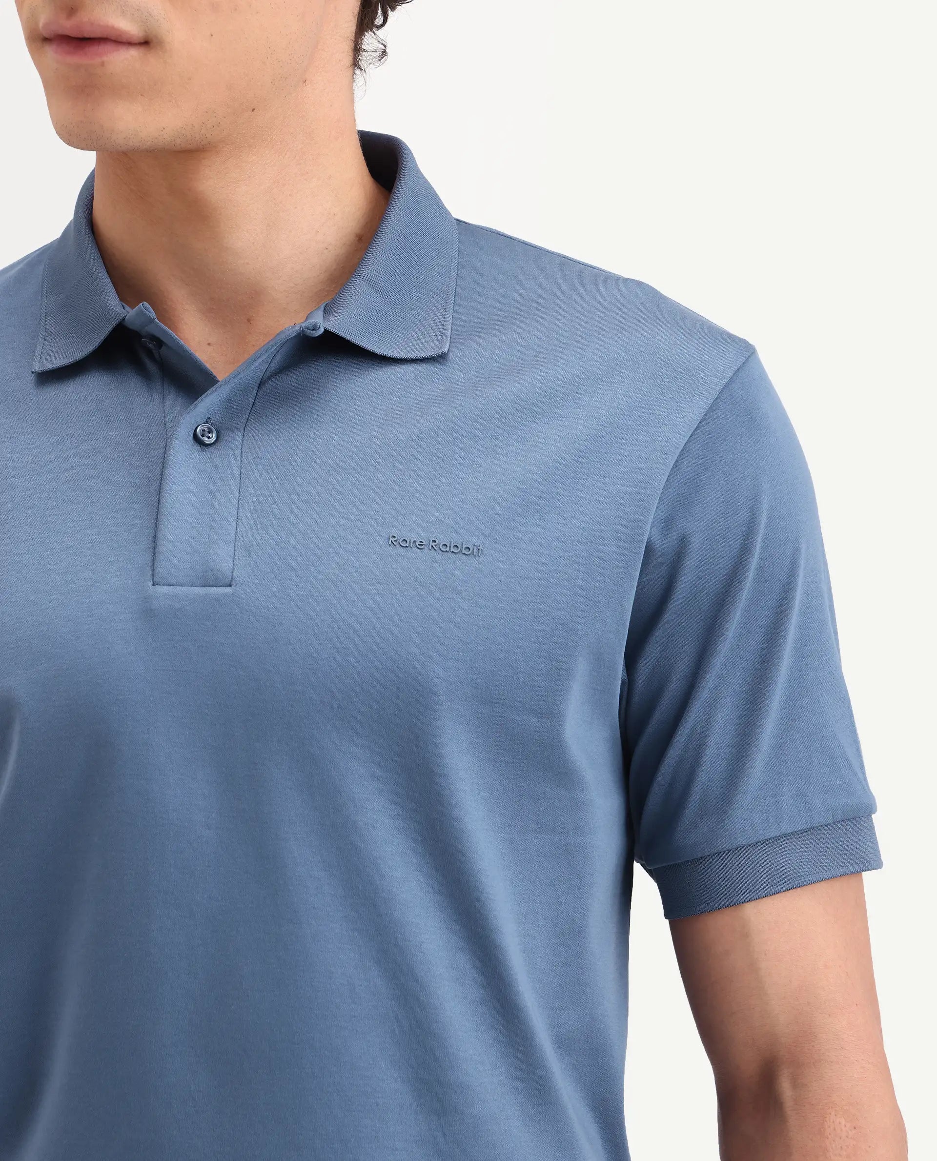 Rare Rabbit Men's Row-S26 Dusky Blue Cotton Fabric Half Sleeve Spread Collar Regular Fit Plain Polo