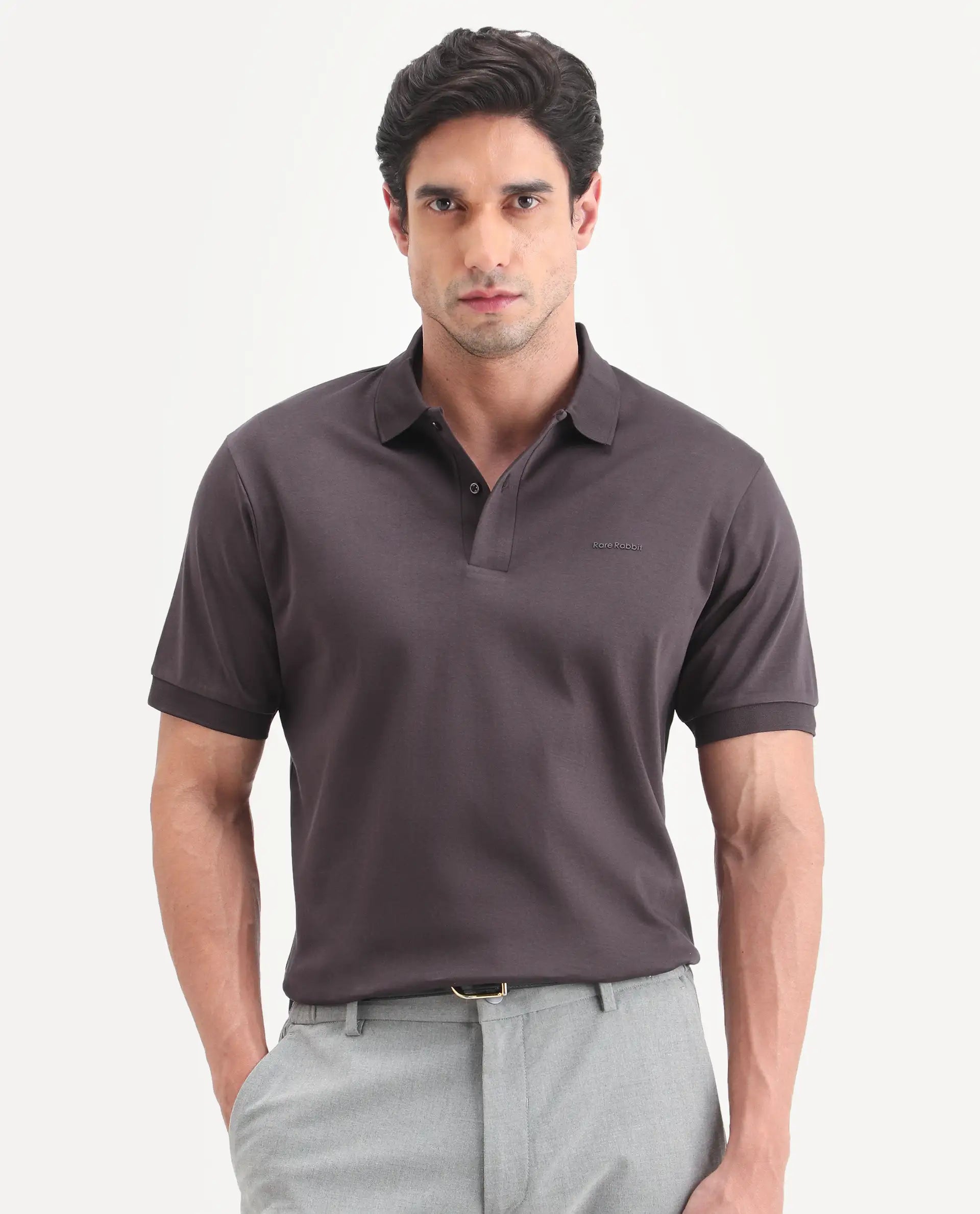 Rare Rabbit Men's Row-S26 Brown Cotton Fabric Half Sleeve Spread Collar Regular Fit Plain Polo