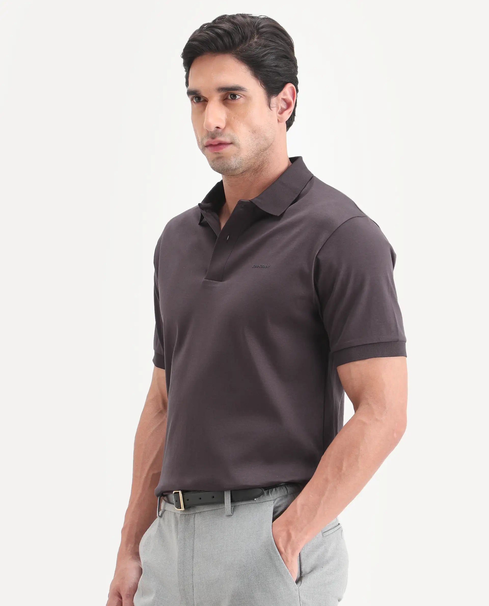 Rare Rabbit Men's Row-S26 Brown Cotton Fabric Half Sleeve Spread Collar Regular Fit Plain Polo
