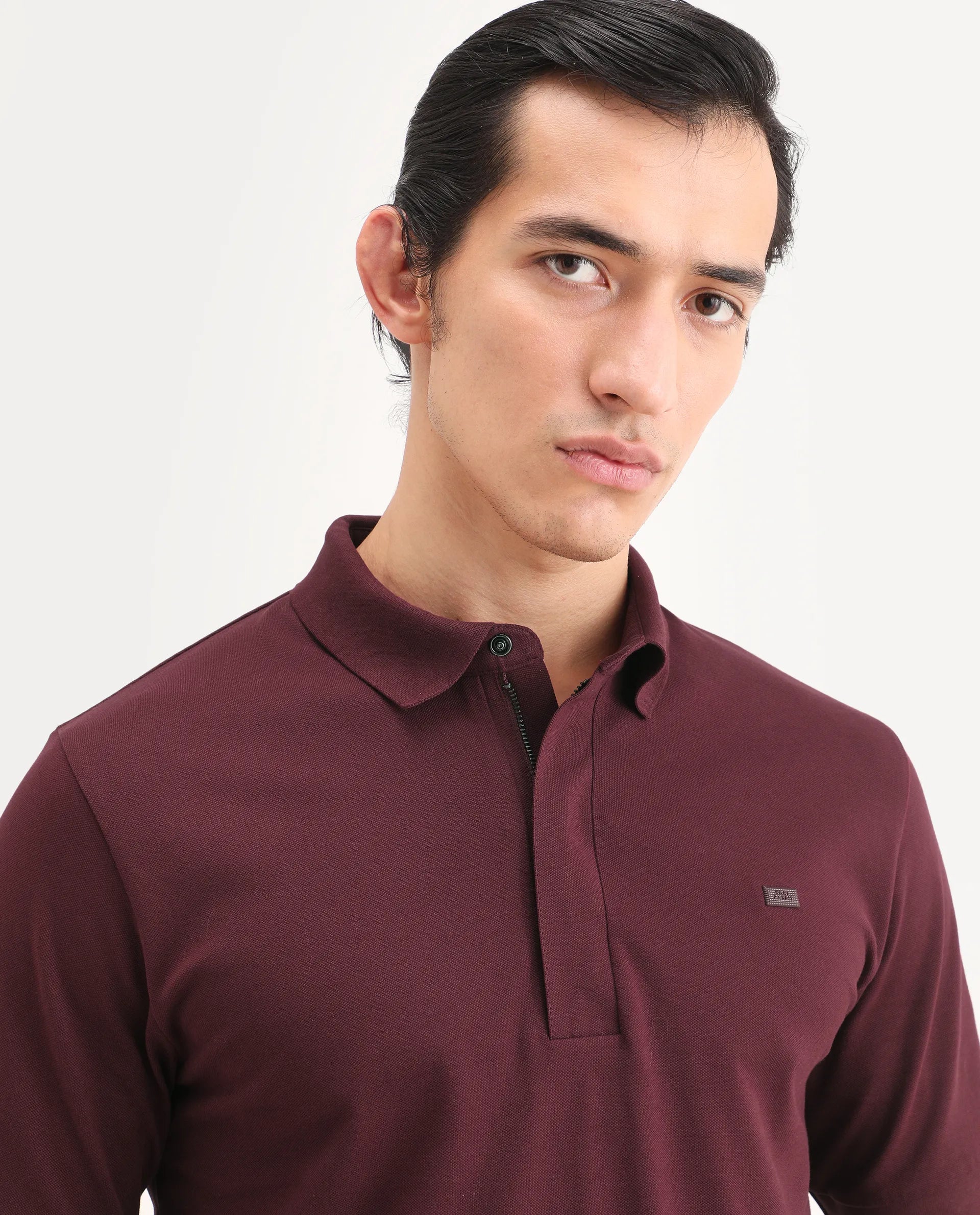 Rare Rabbit Men's Salis-S26 Dark Red Cotton Blend Fabric Half Sleeve Spread Collar Regular Fit Plain Polo